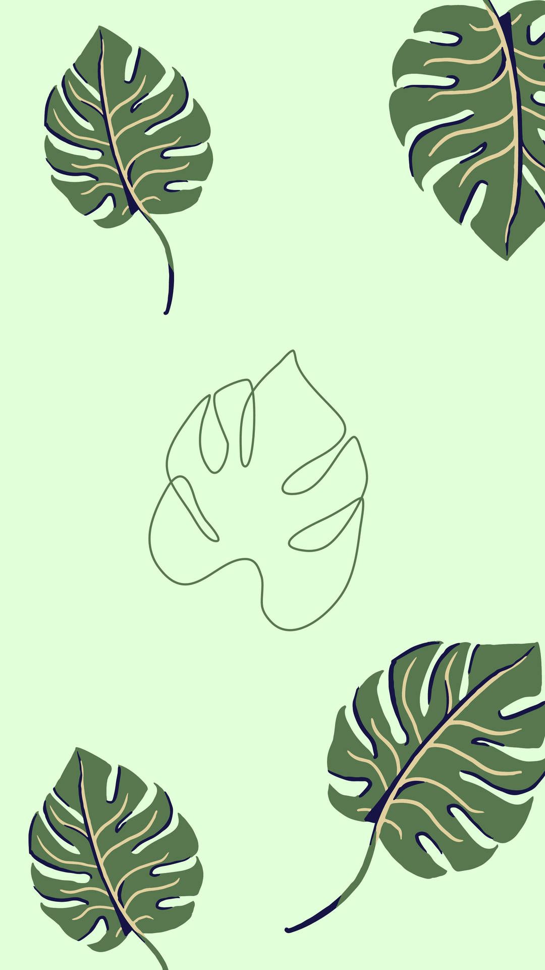 A phone wallpaper with a green background and a monstera leaf outline in the middle - Monstera