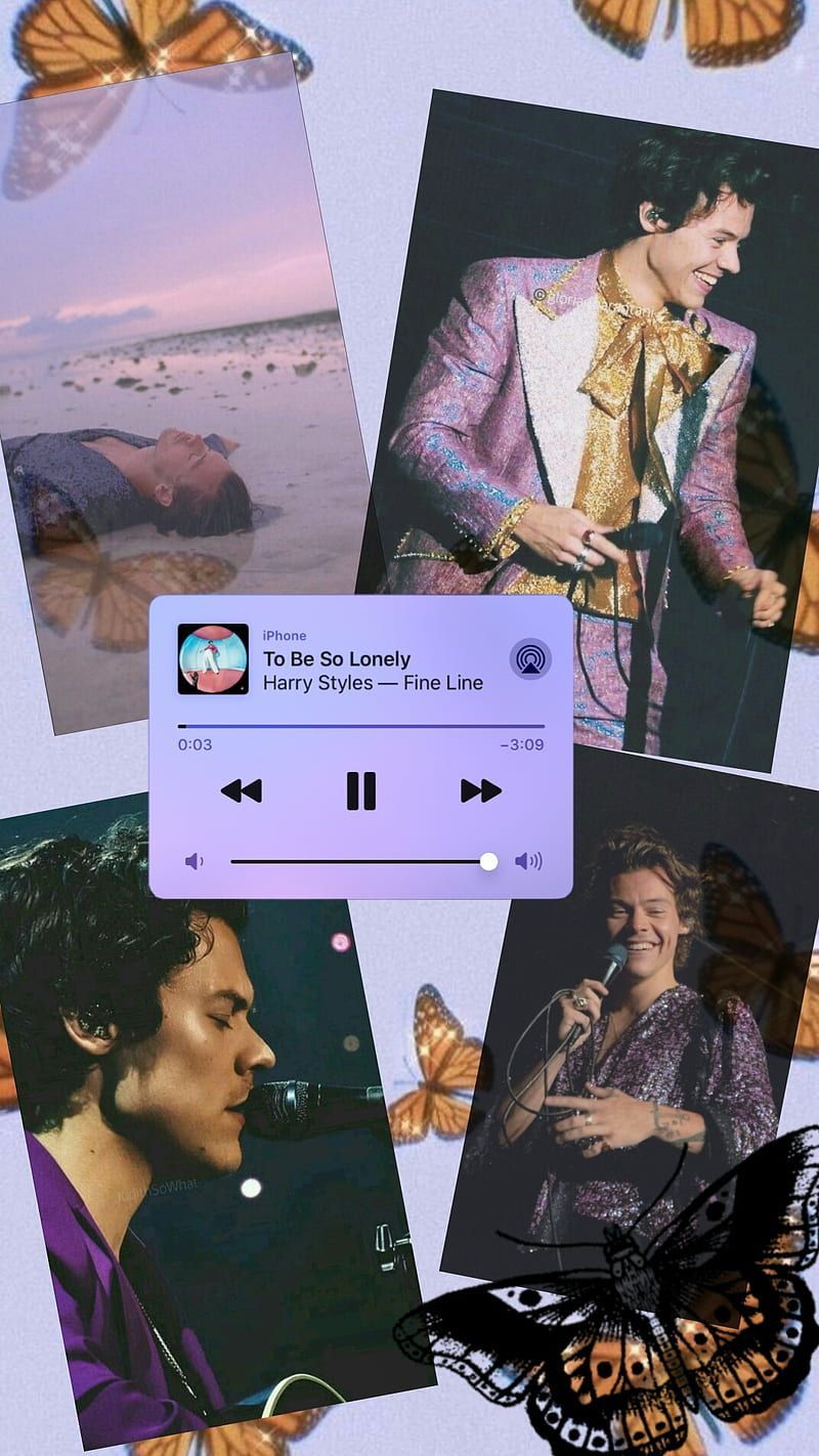 A collage of pictures with butterflies and music - Harry Styles