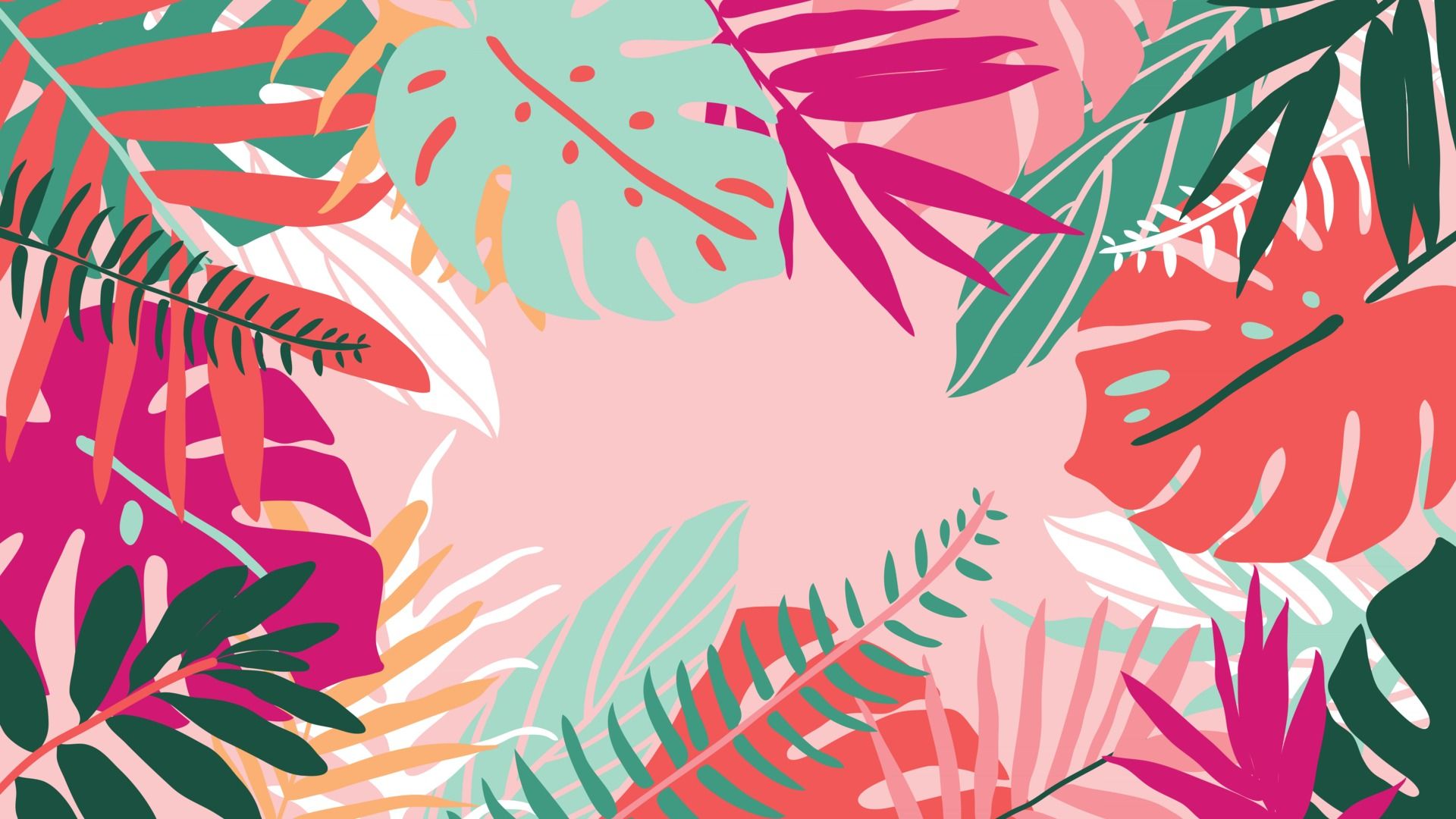 Tropical Forest Art Deco Wallpaper. Floral Pattern With Exotic Flowers And Leaves, Split Leaf Philodendron Plant , Monstera Plant, Jungle Plants Line Art On Trendy Background. Vector Illustration