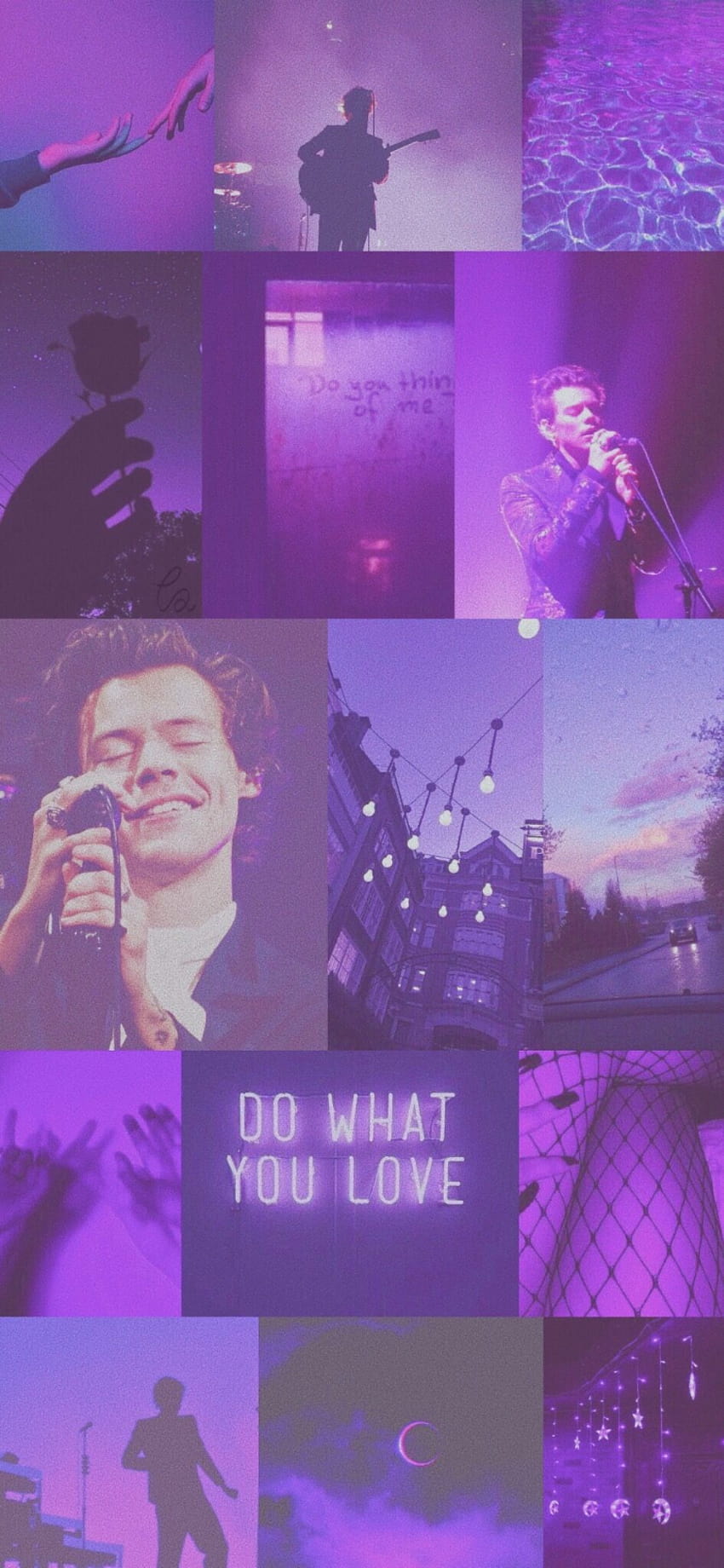 A collage of pictures with purple backgrounds - Harry Styles