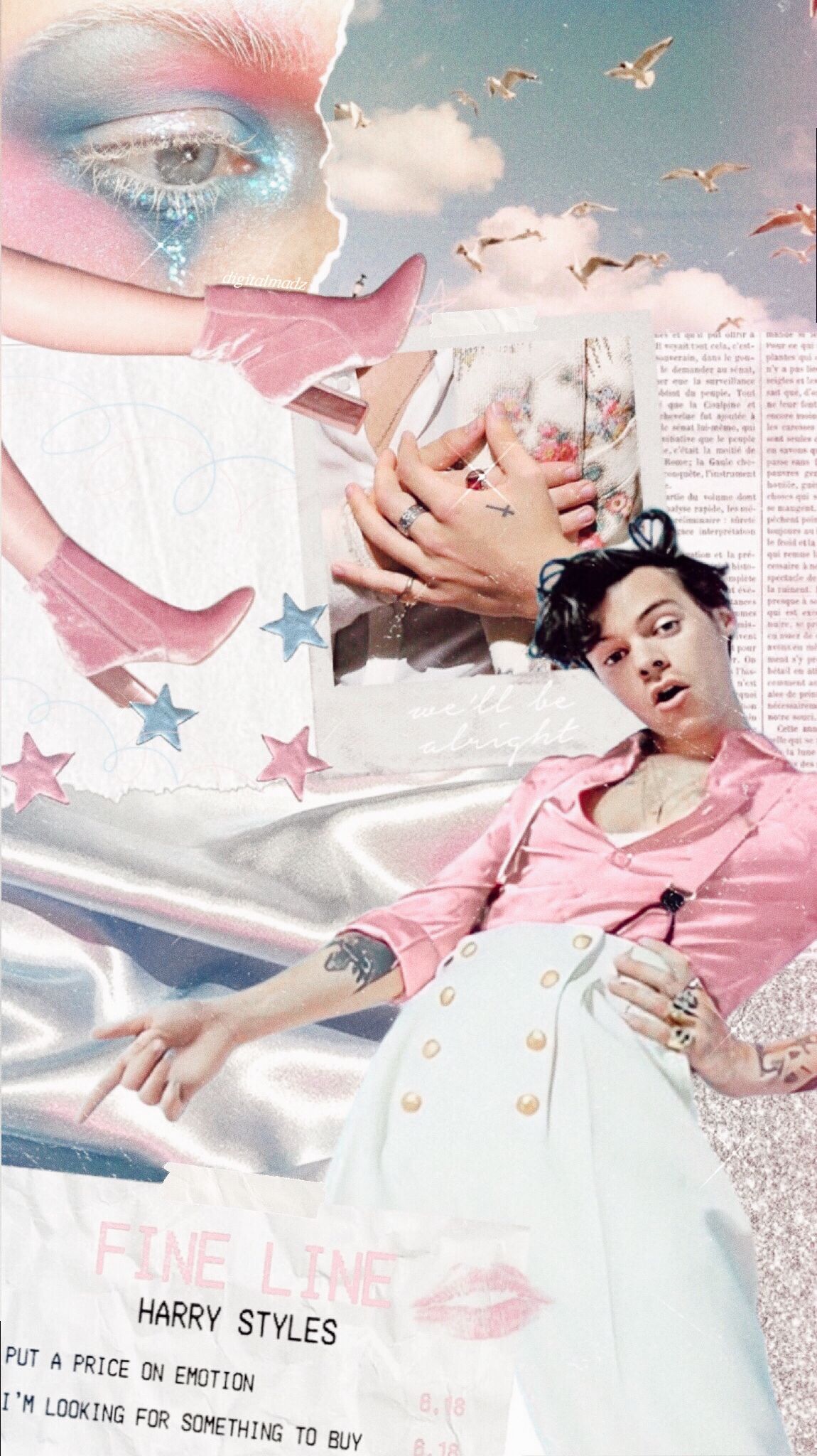 Collage of Harry Styles with a pink and blue aesthetic - Harry Styles