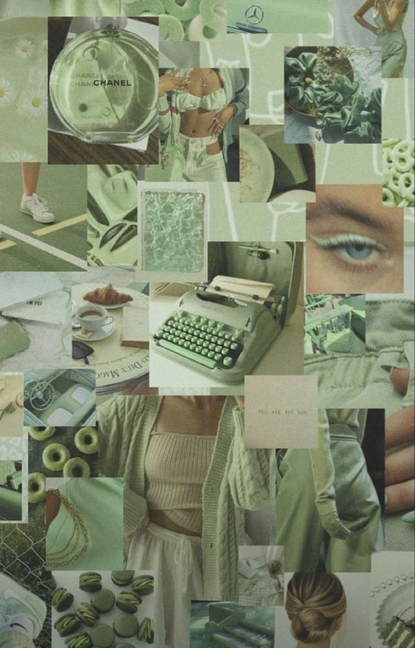 Collage of green images including a typewriter, a cup of tea, a woman's legs, and a bottle of Chanel. - Soft green