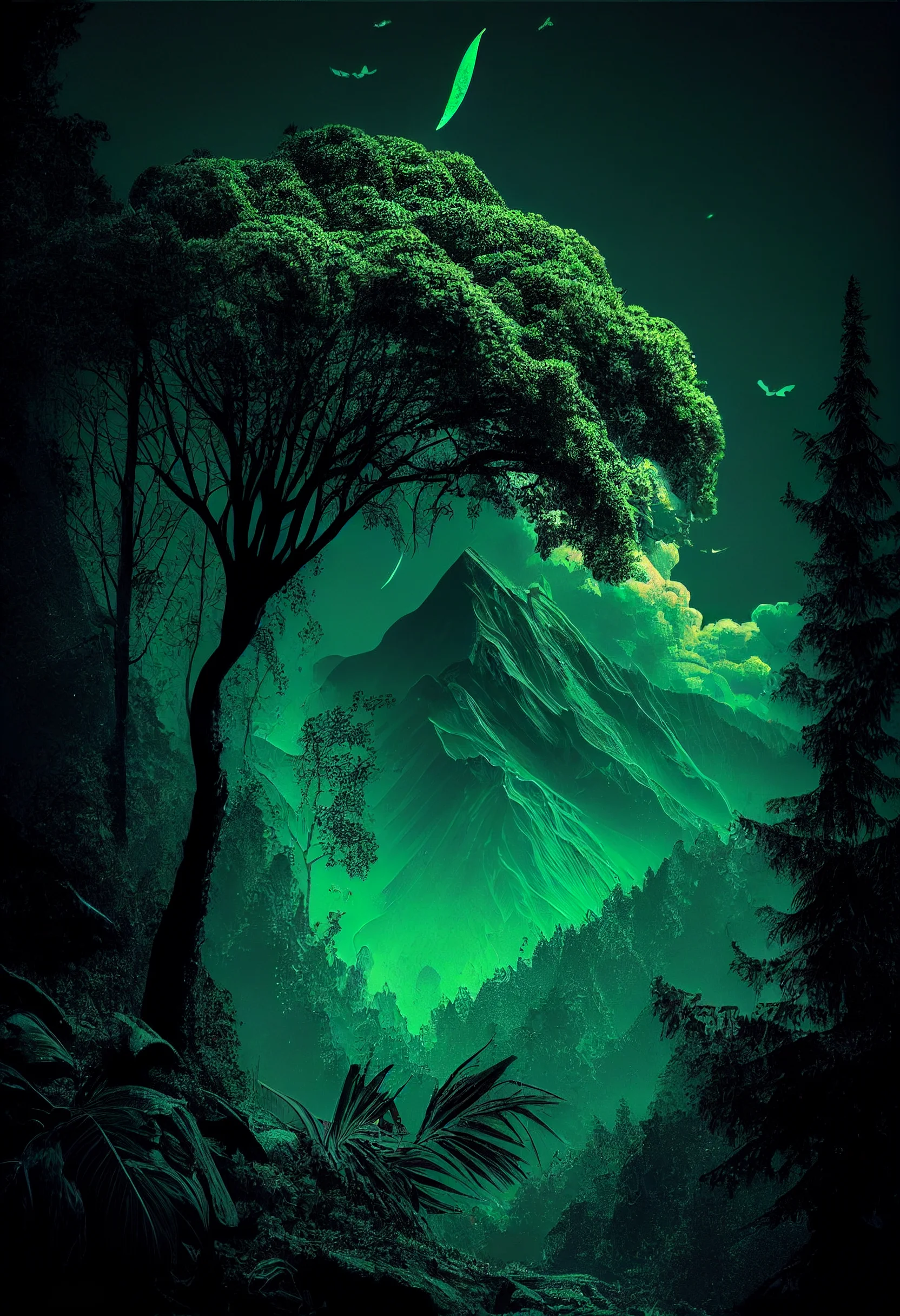 A painting of trees and mountains in the dark - Soft green