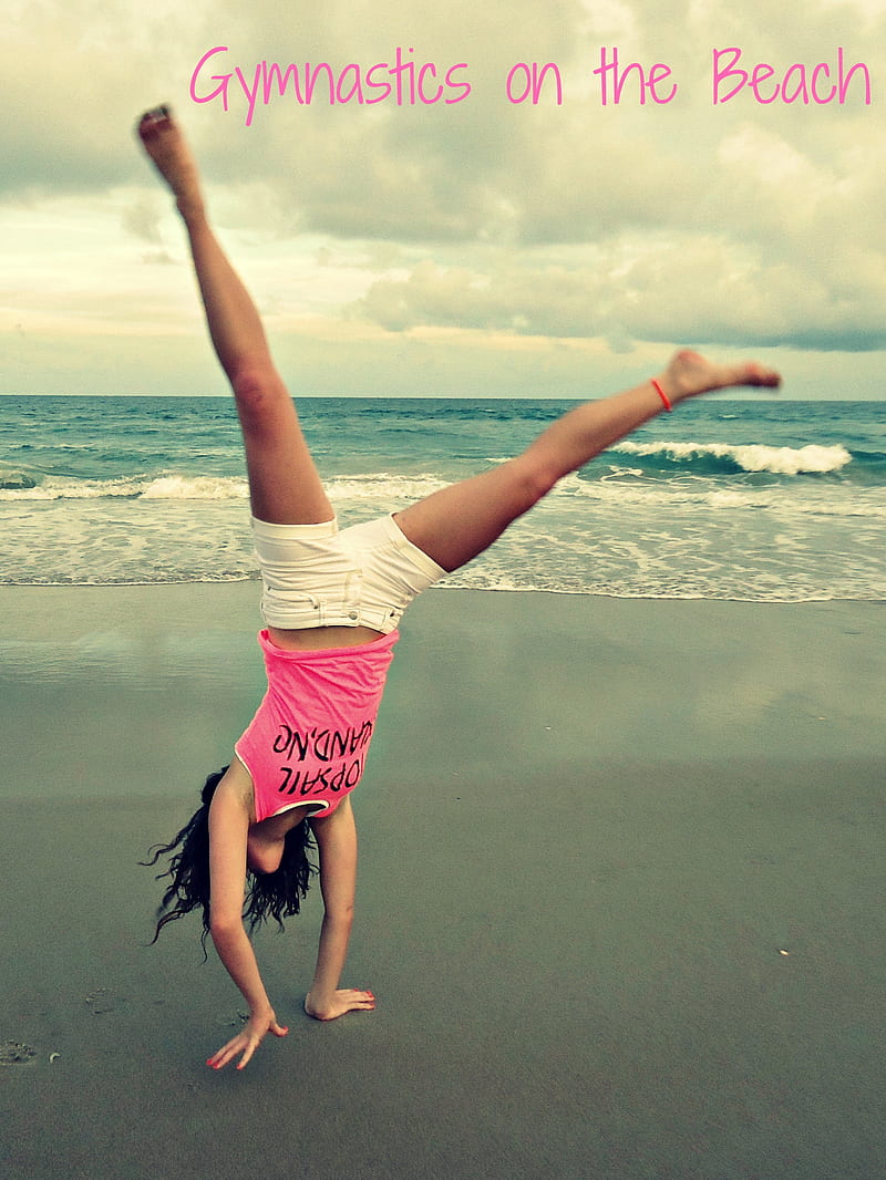 Gymnastics, beach, cartwheel, pink, tumbling, HD phone wallpaper