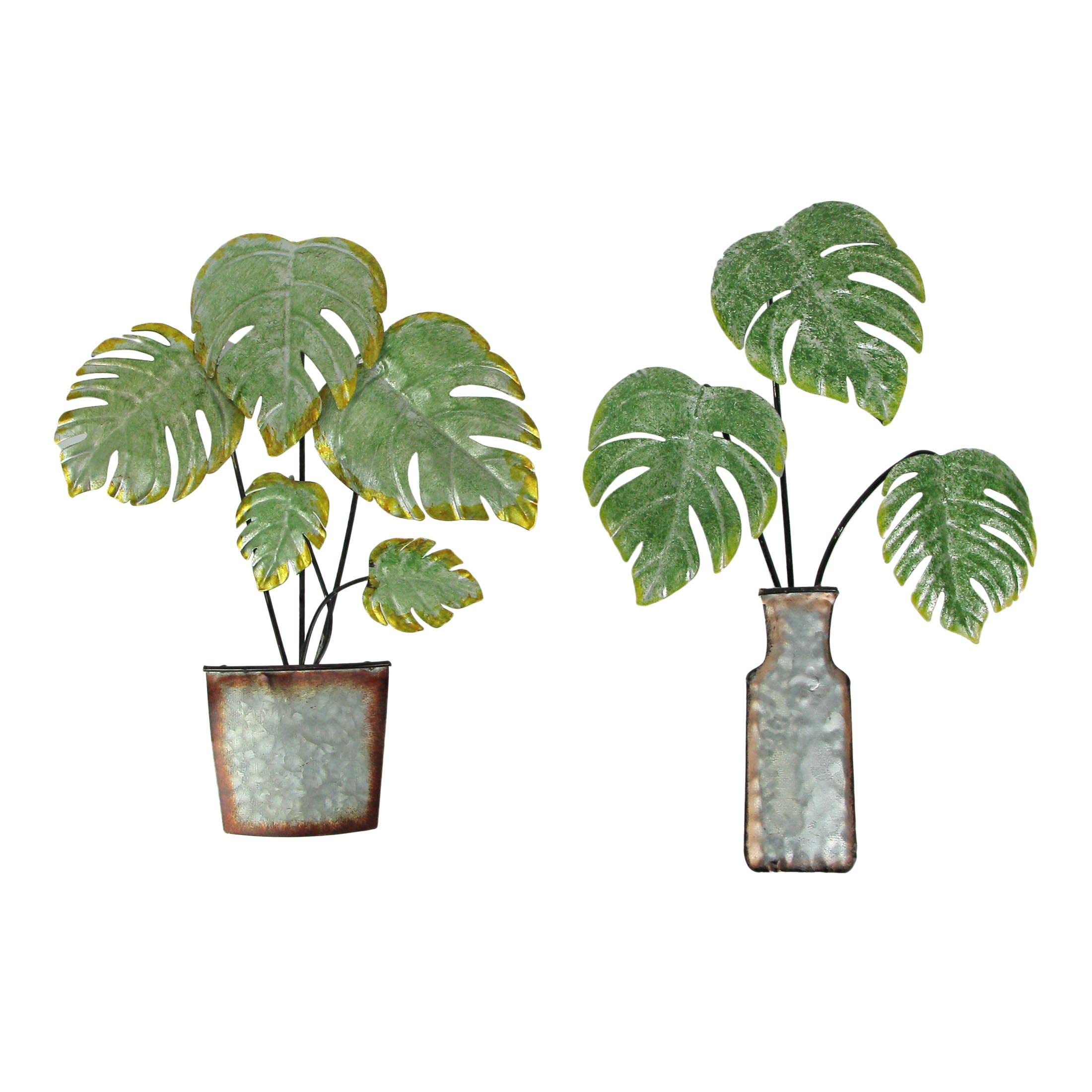 Set of 2 Metal Tropical Monstera Potted Plant Wall Sculptures Boho Home Decor : Home & Kitchen