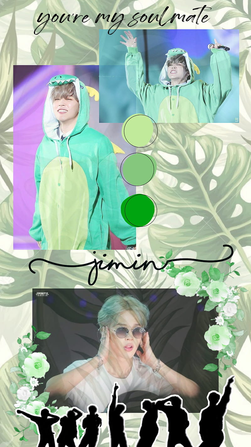 A poster with pictures of people in green - Jimin