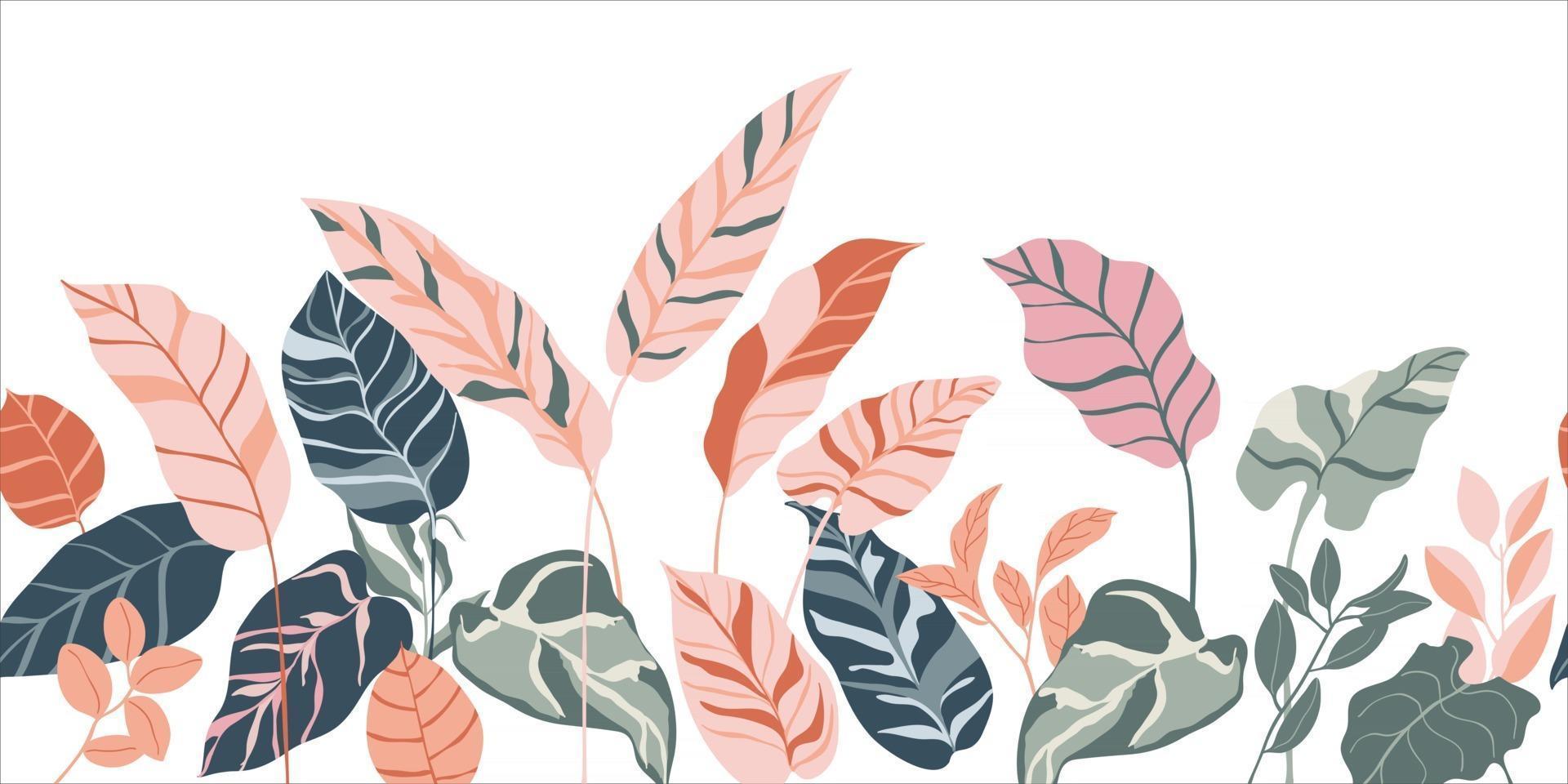 Tropical Forest Art Deco Wallpaper. Floral Pattern With Exotic Flowers And Leaves, Split Leaf Philodendron Plant , Monstera Plant, Jungle Plants Line Art On Trendy Background. Vector Illustration