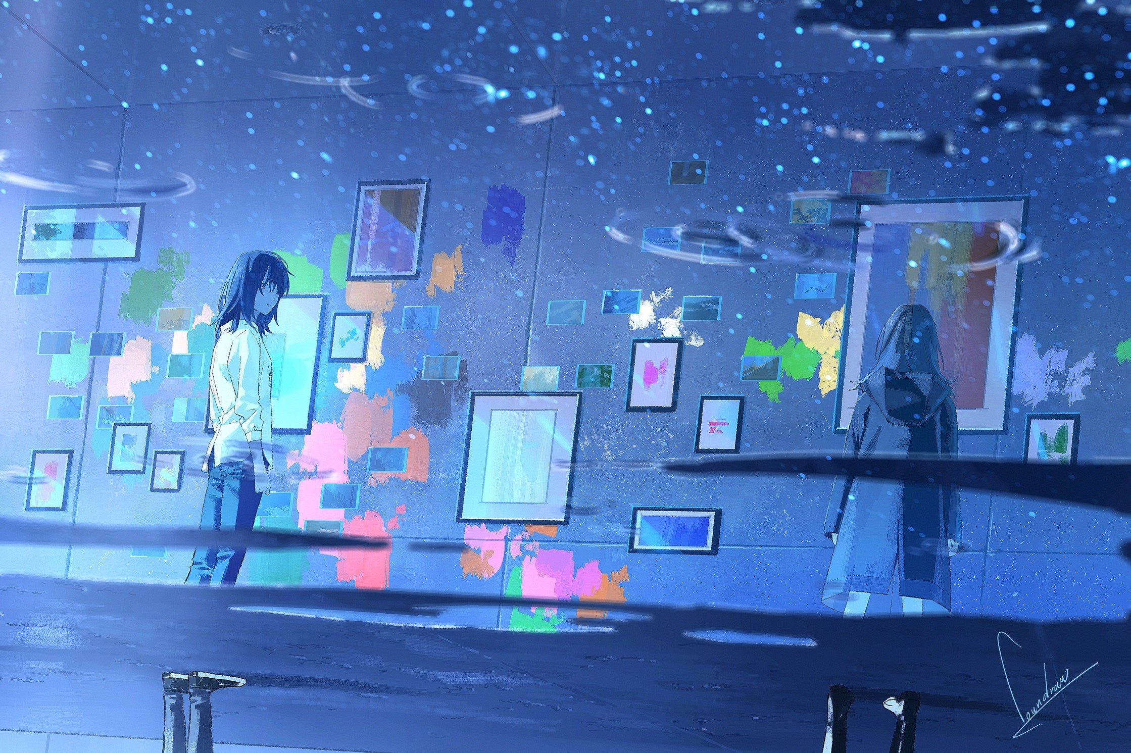 A person standing in front of a wall of screens - Blue anime
