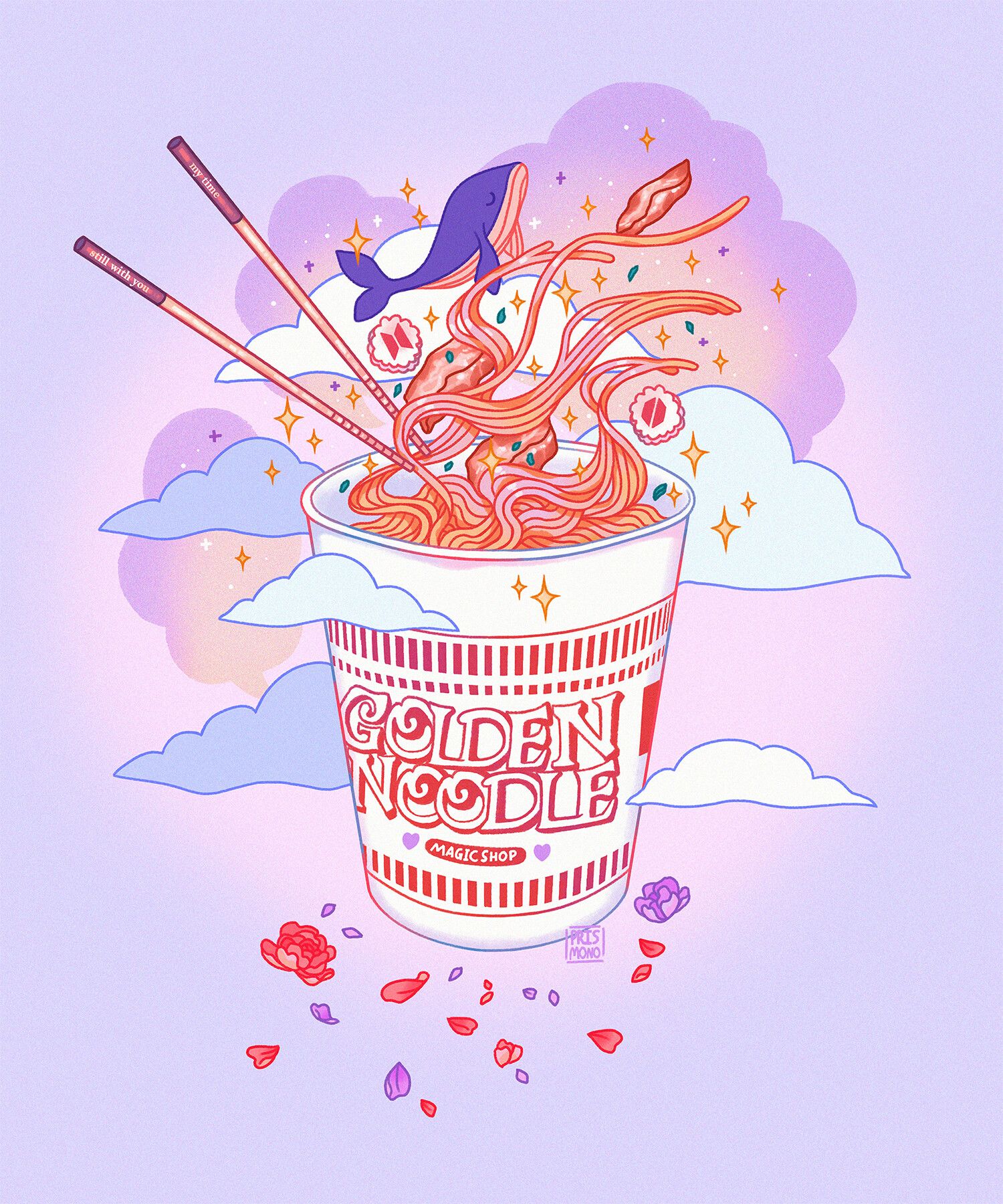 A cup of noodles with chopsticks and clouds - Ramen, school
