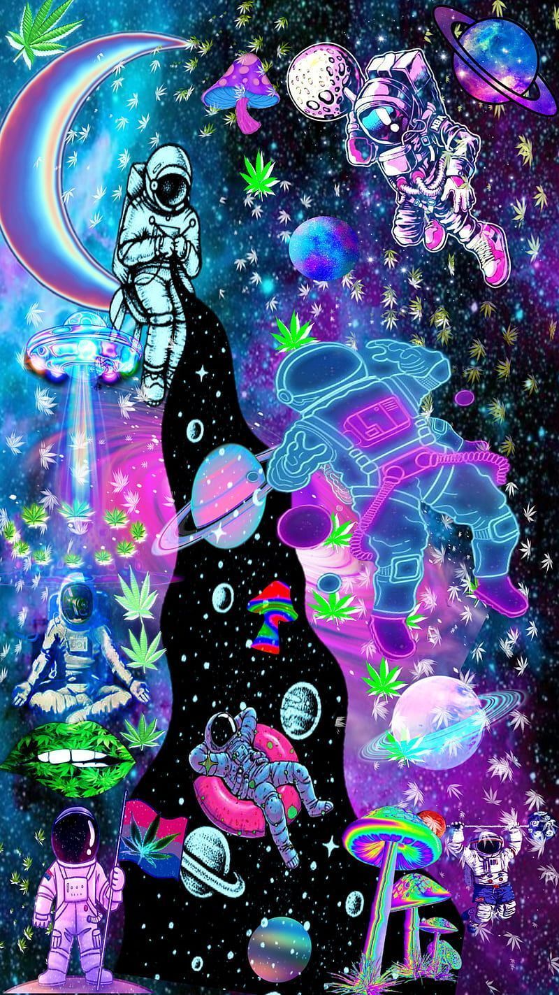A psychedelic poster with an astronaut, planets, and mushrooms - Trippy, psychedelic