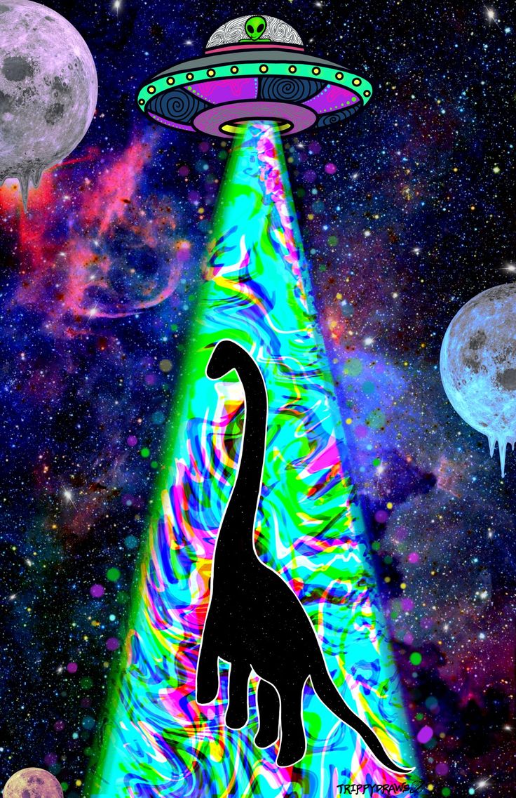 A dinosaur being abducted by a flying saucer in space. - Trippy