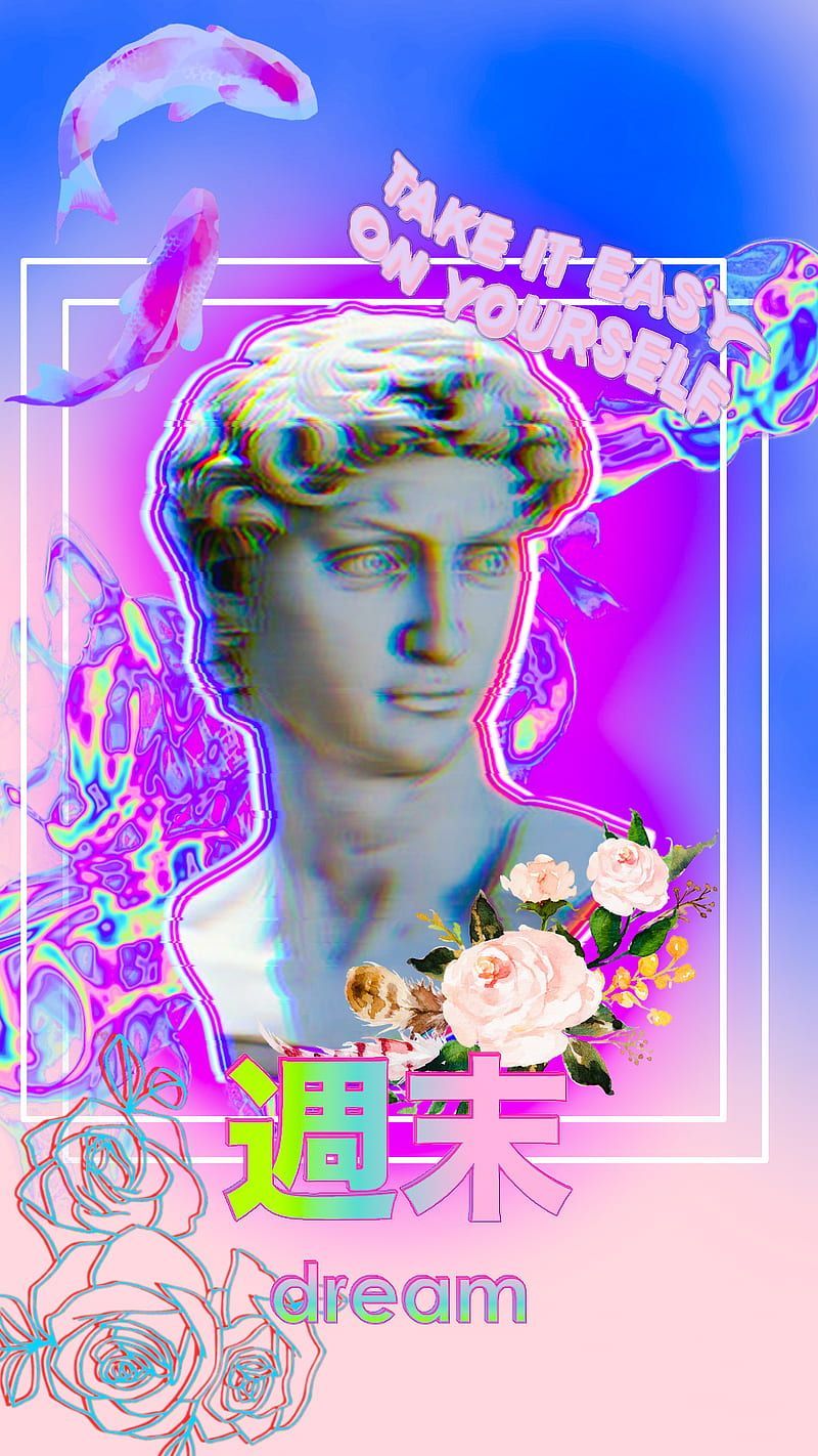Aesthetic Vaporwave statue of David with roses and a dolphin - Trippy