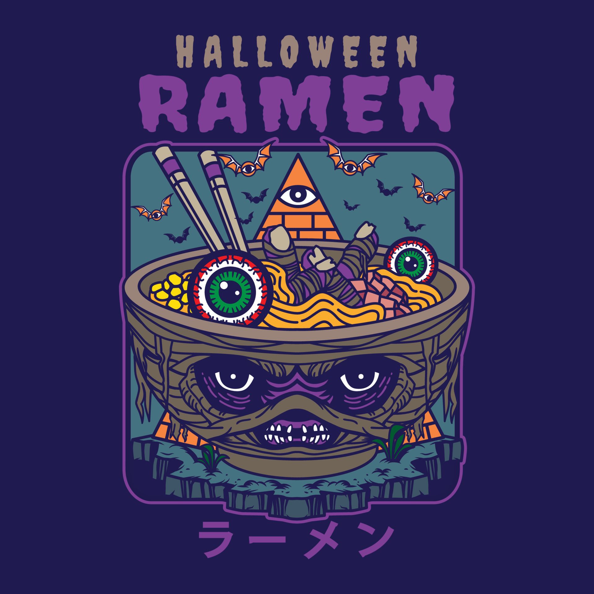 Illustration design of delicious japanese ramen noodle on bowl with halloween mummy vintage flat style. Good for logo, background, tshirt, banner