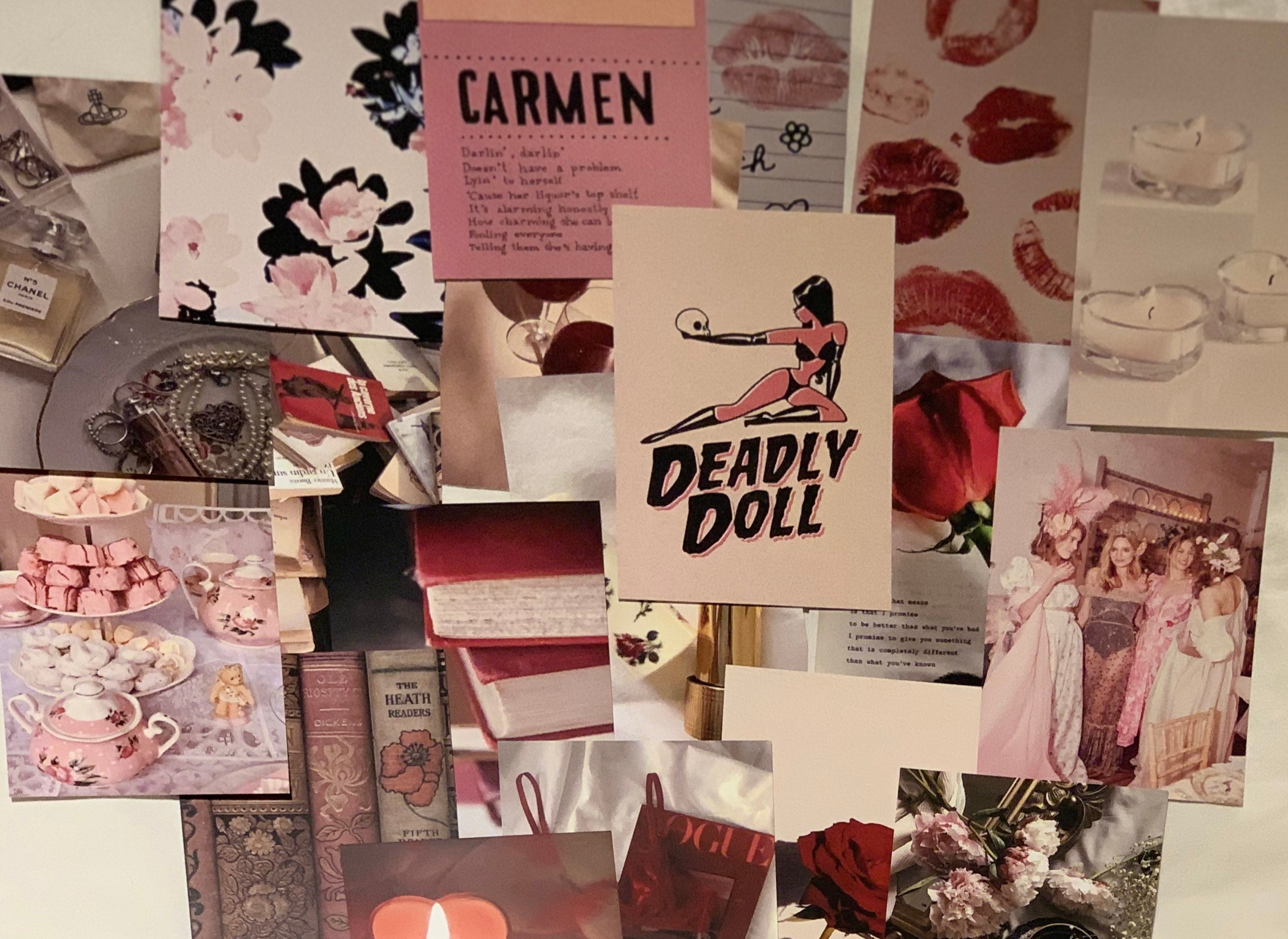 Collage of photos and images related to the opera Carmen, including a pink and red theme. - Coquette