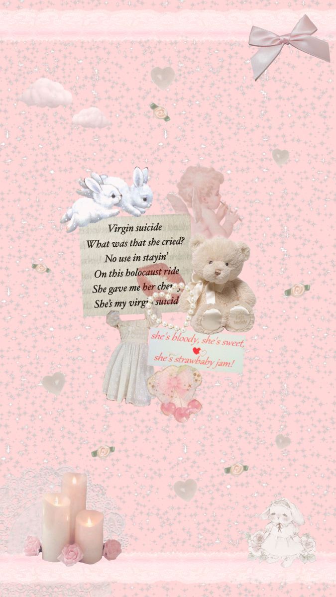A collage of a pink background with a teddy bear, unicorn, and candles. - Coquette
