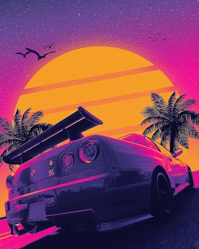 A car with a rocket on the back, in front of a sunset - Nissan Skyline, cars