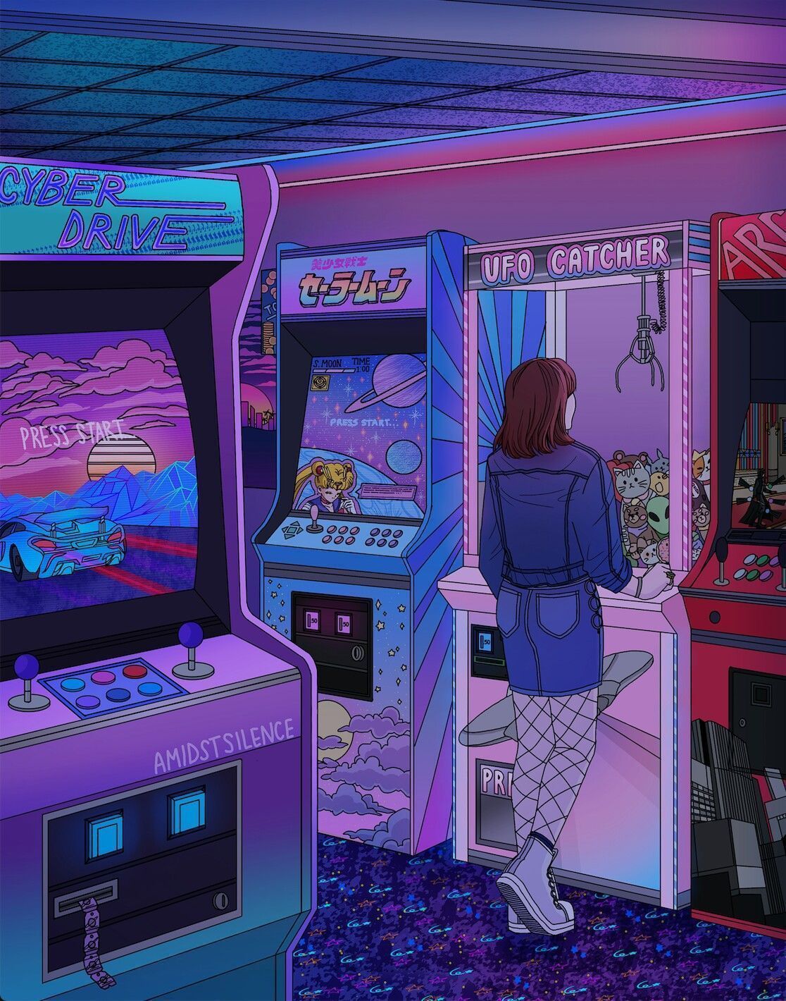A woman standing in front of a row of arcade games - Arcade, 90s anime, gaming, technology