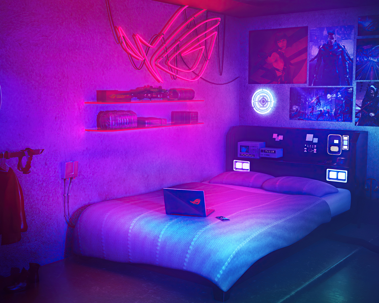 A bedroom with a bed, a laptop, and a neon sign above the bed. - Gaming