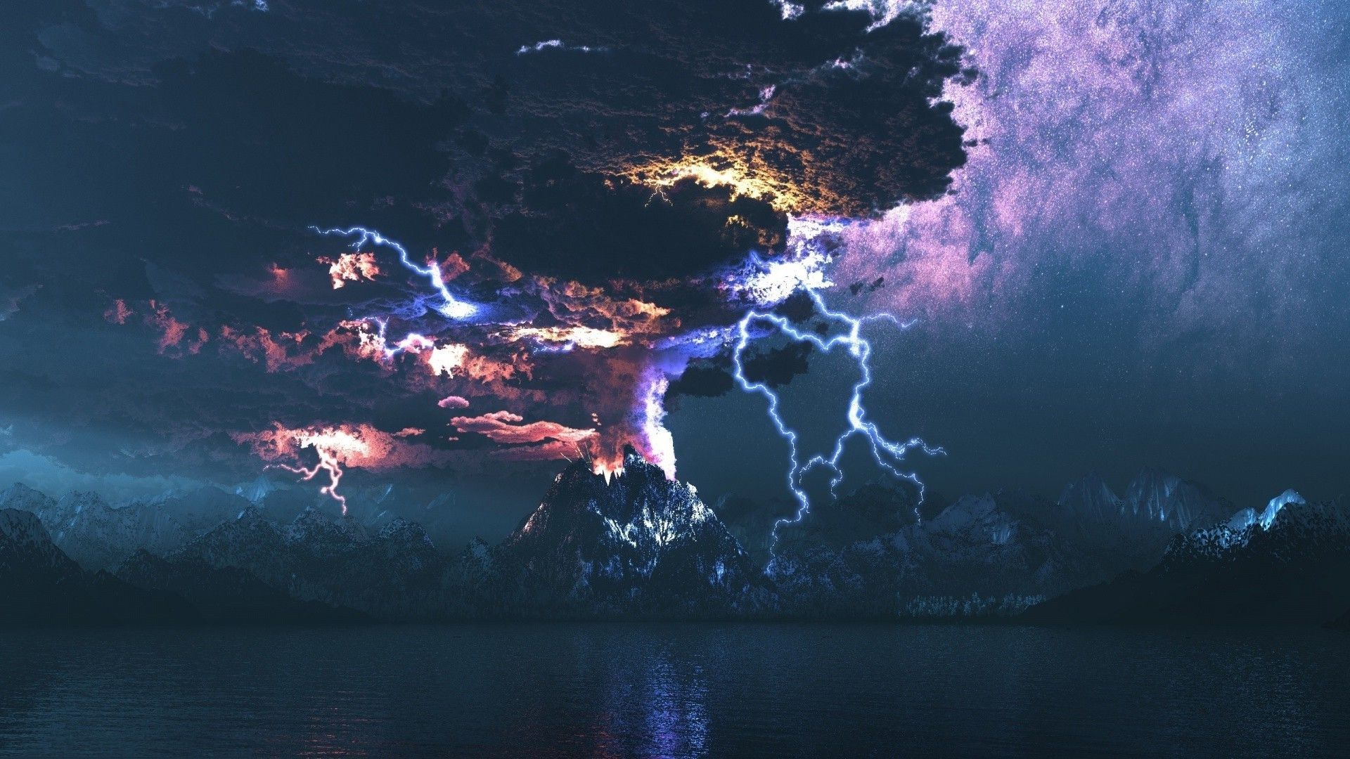 An image of a volcano with lightning coming out of it - Lightning, storm