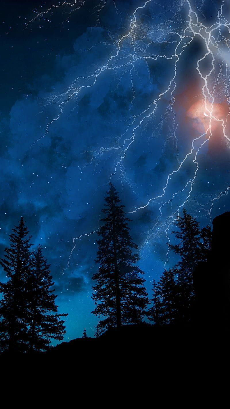 DARK FOREST, blue, clouds, r, lightning, moon, night, woods, HD phone wallpaper