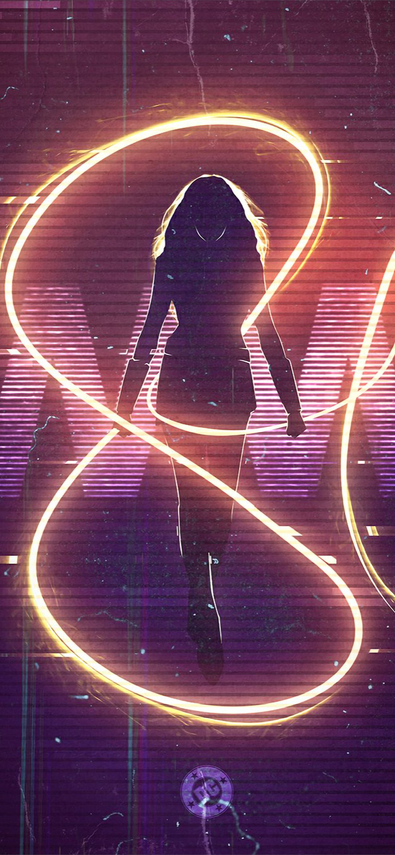 A silhouette of a woman in a black jacket and skirt standing in a neon light - Lightning