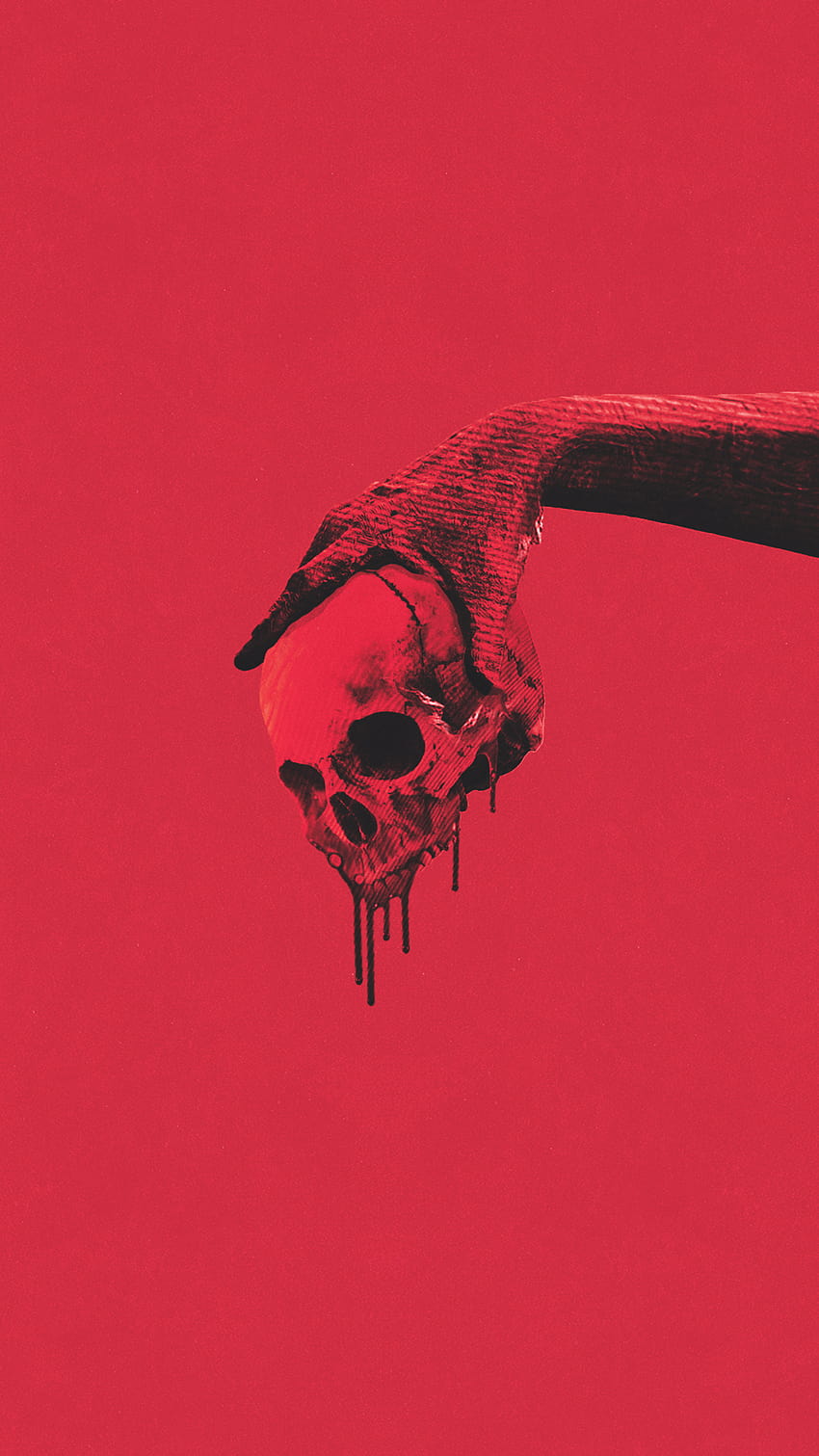 Red iPhone wallpaper with a hand holding a skull - Spooky