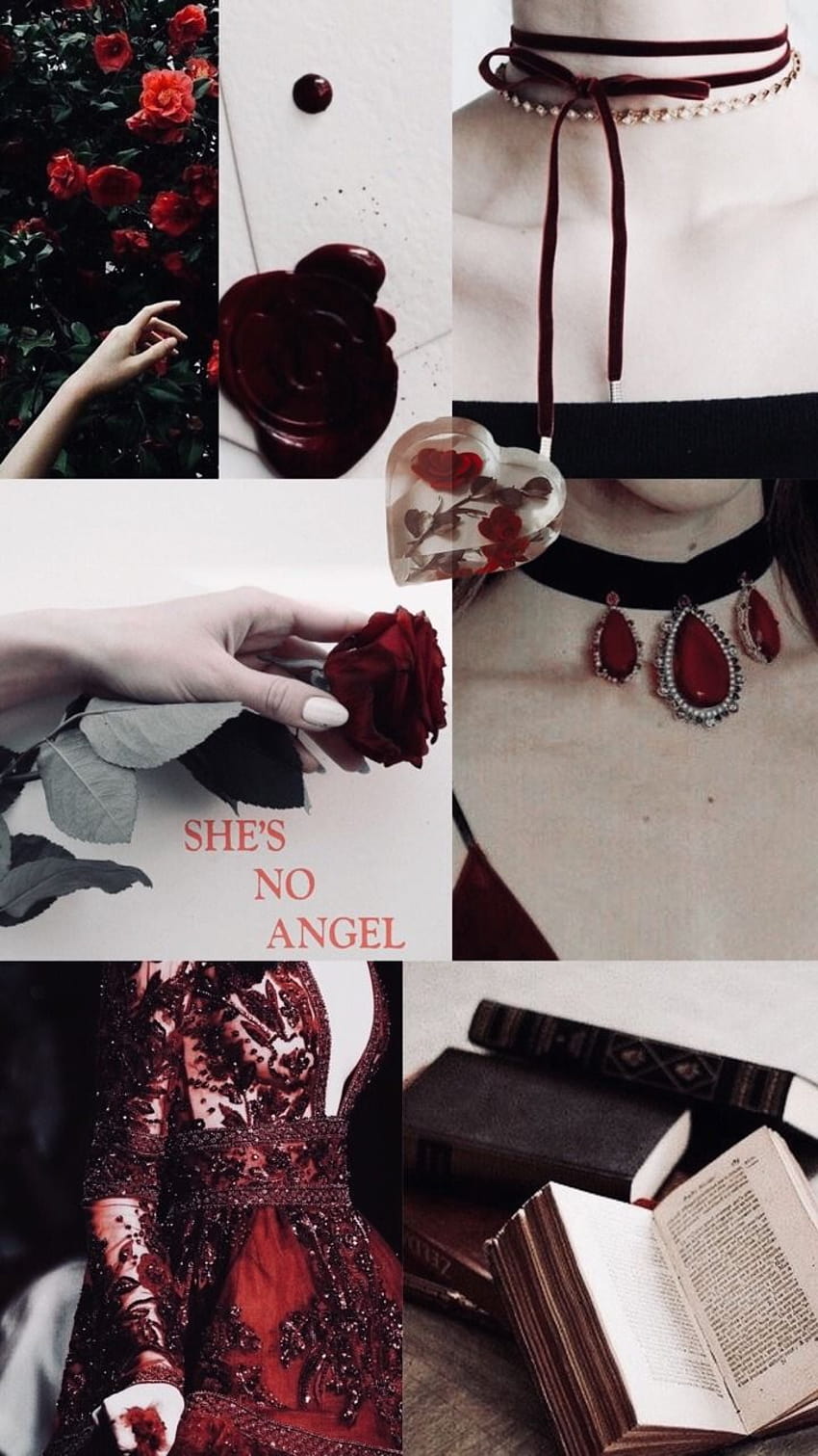 Collage with red and black aesthetic, featuring a girl holding a rose, a book and a necklace - Vampire