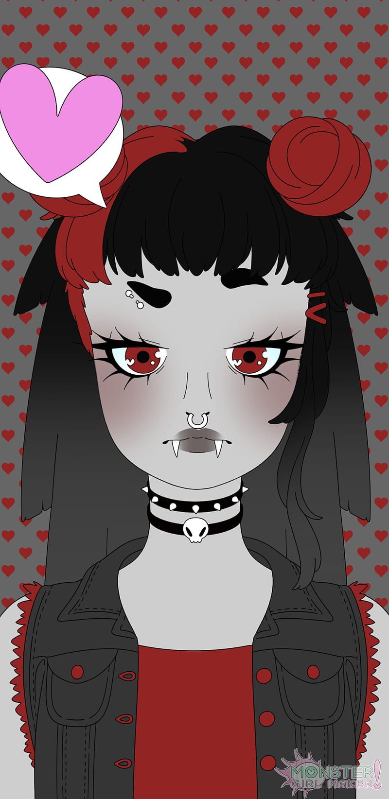 A red-haired goth girl with black hair and red eyes, wearing a black jacket and a red dress. She has a red bow in her hair and a heart in a speech bubble above her head. - Vampire