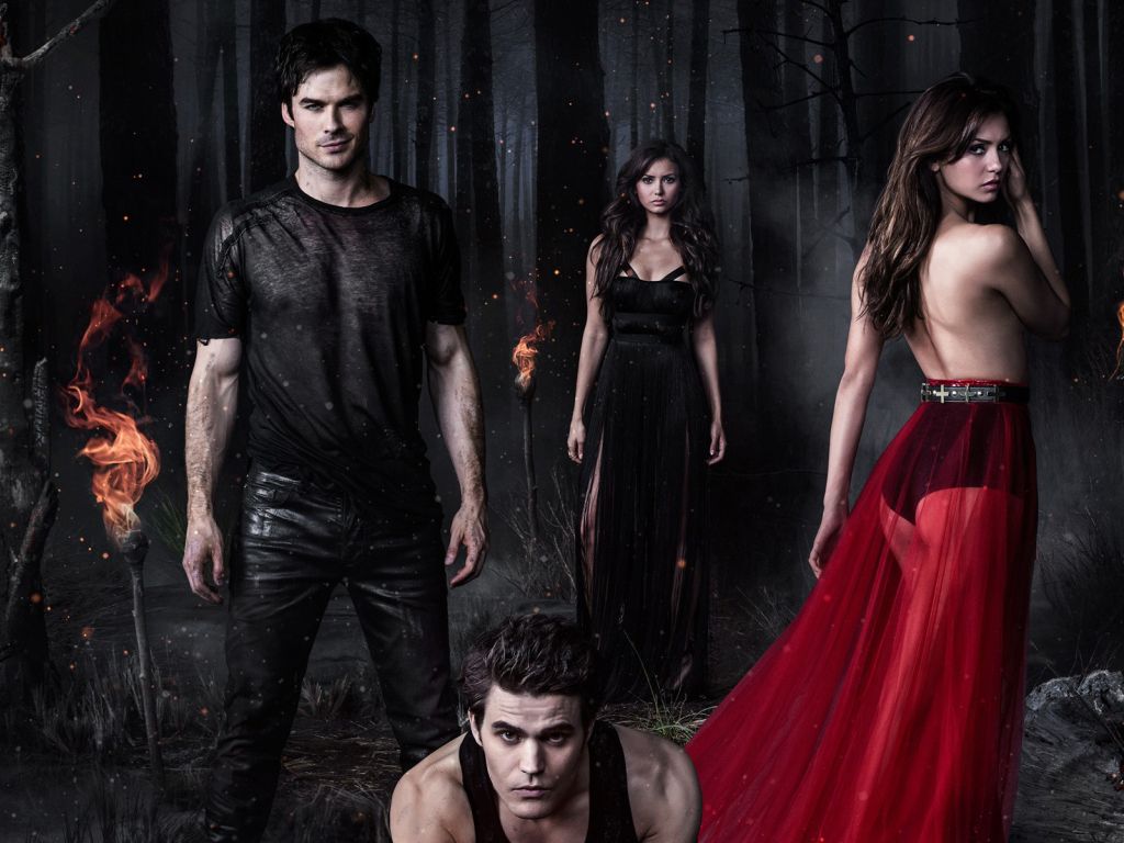 The vampire diaries poster with four people in red - Vampire