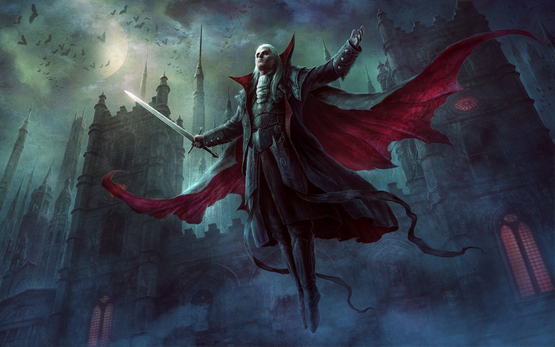 Dracula, the legendary vampire, is depicted in this image. He is depicted with a red cape and a sword in his hand. He is flying over a dark castle. - Vampire