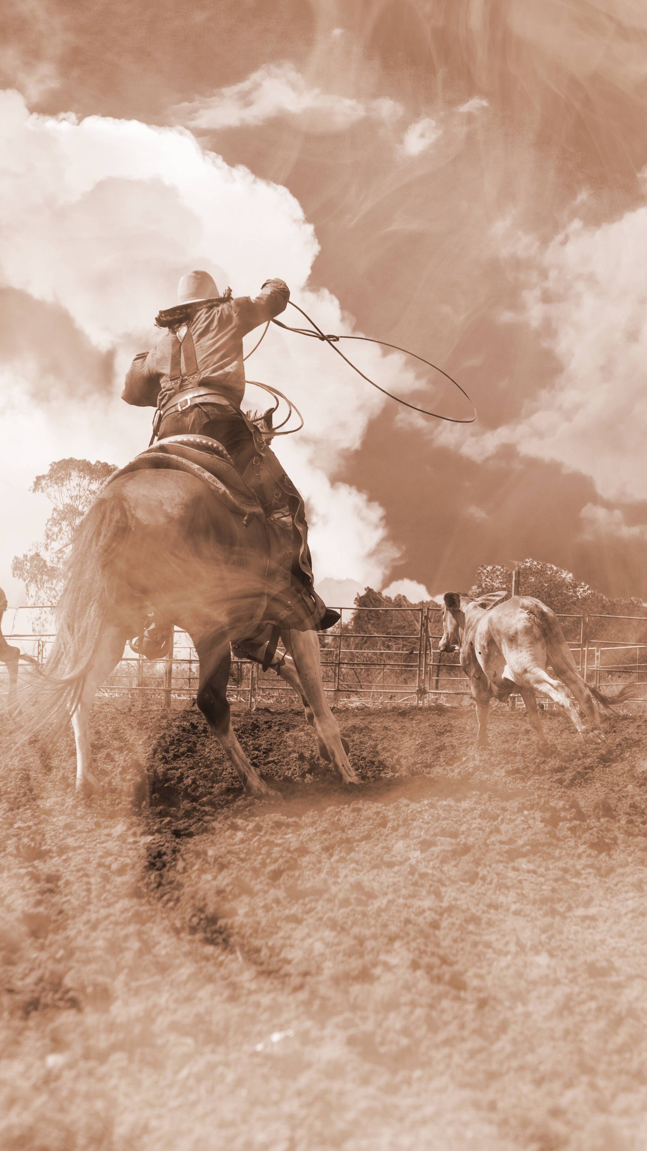 A sepia-toned image of a cowboy on horseback chasing a cow with a lasso. - Western