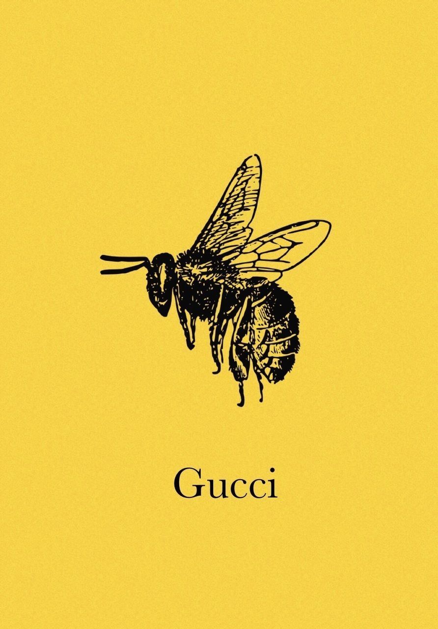 The Gucci logo is shown on a yellow background with a bee. - Gucci