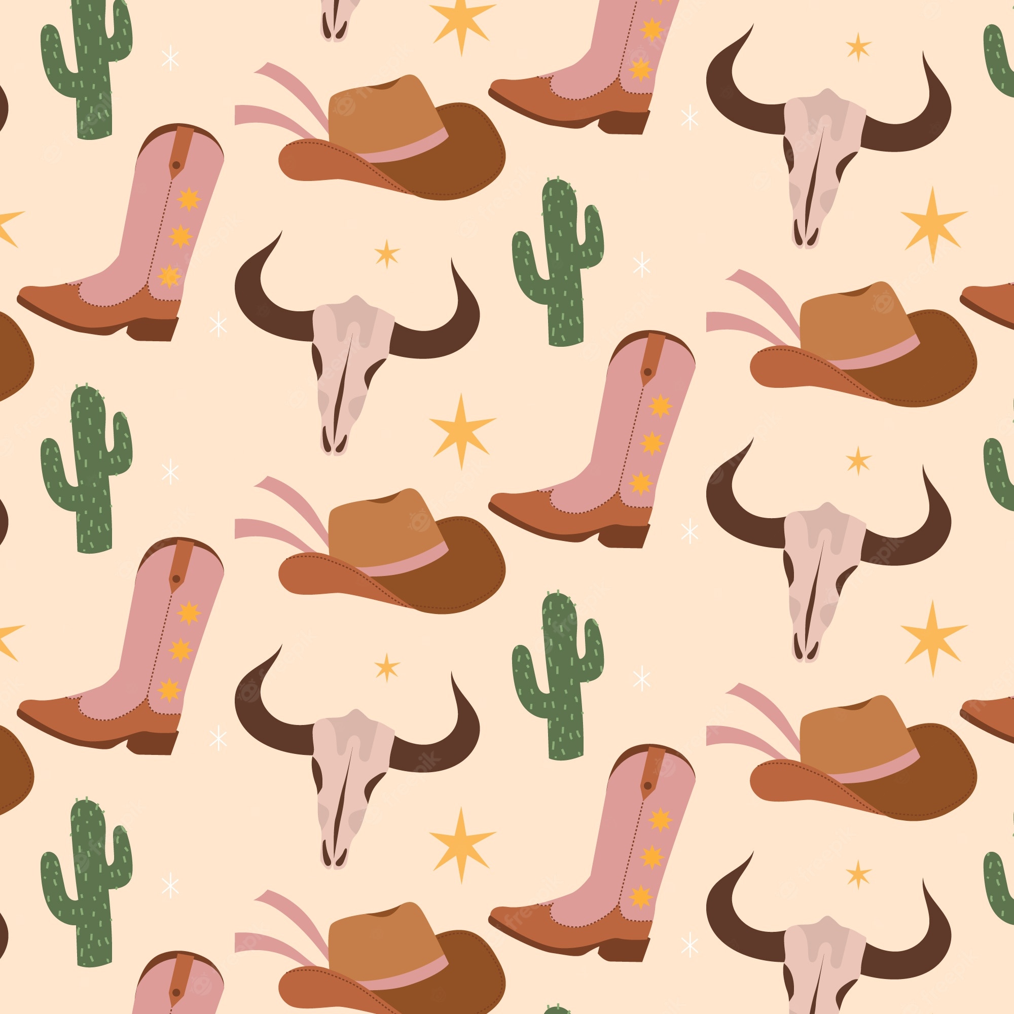 A pattern of cowboy hats, cactus and other items - Western