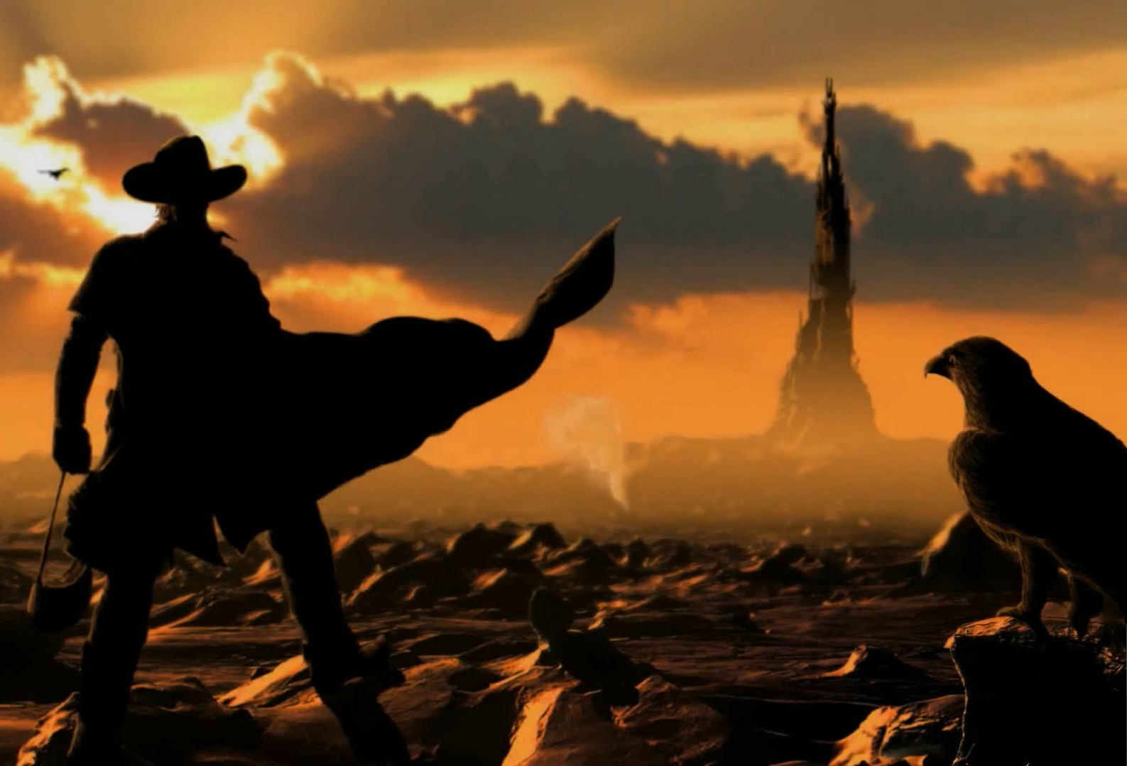 A cowboy with a lasso stands in front of a tower. - Western