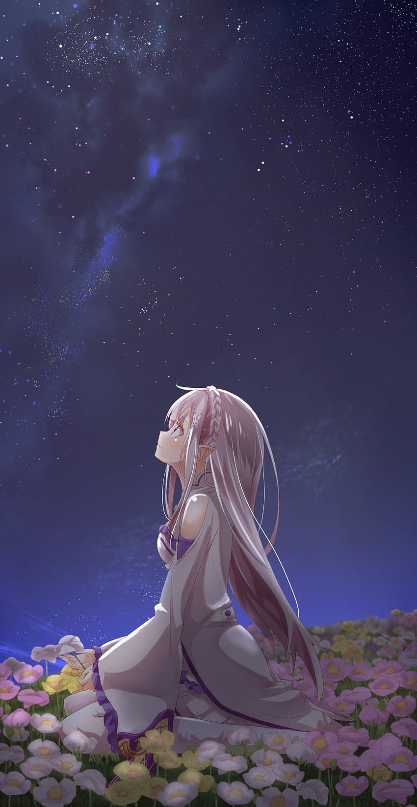 A girl sitting in the grass looking up at stars - 3D
