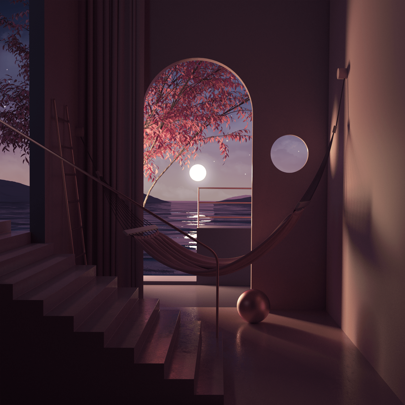 A digital image of a room with a hammock, stairs, and a window with a view of the sea at night. - 3D