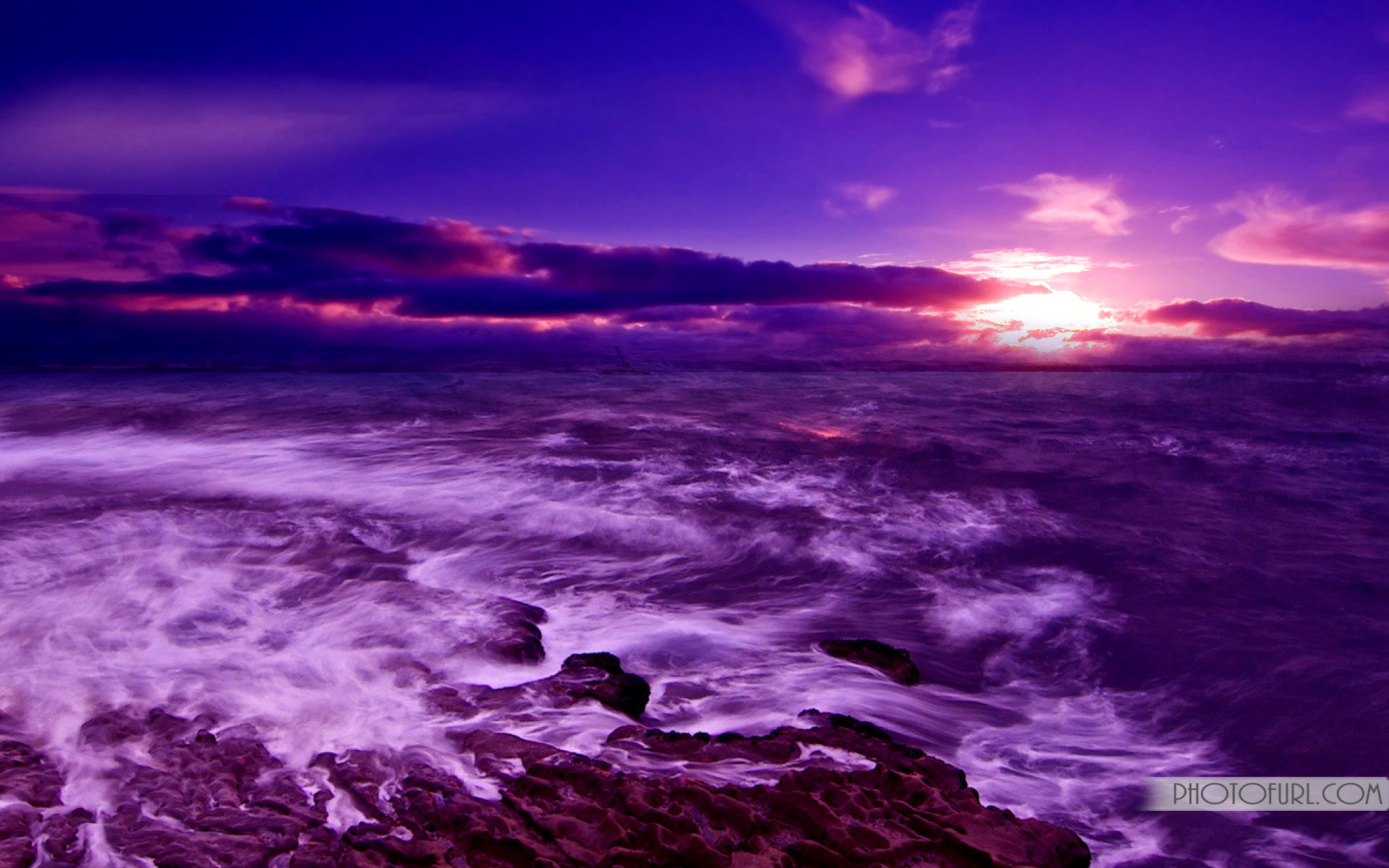 A purple sky with clouds over the ocean - 3D