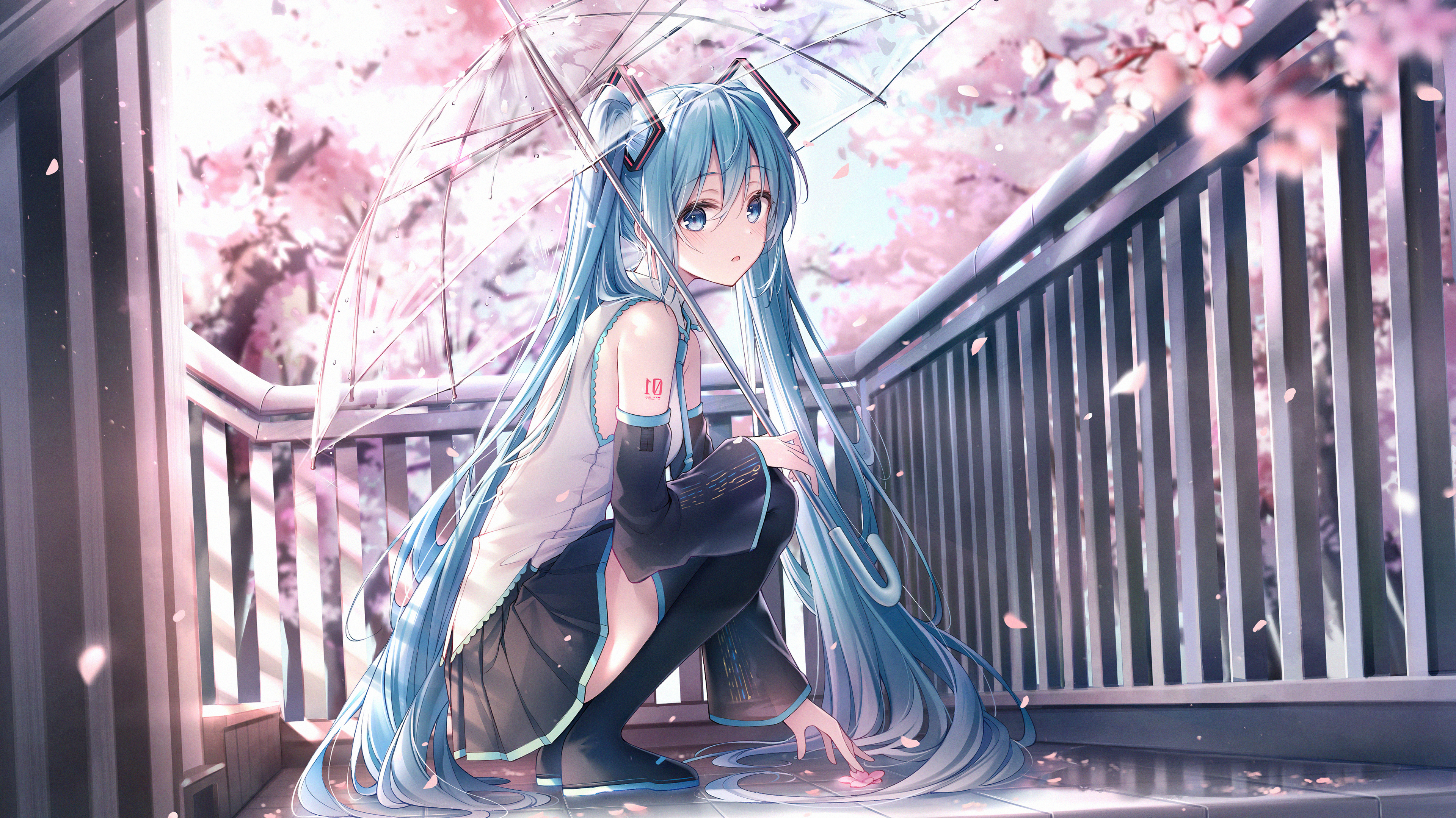 A long haired anime girl with blue hair and a black dress sits on the ground with a white umbrella. - Aqua