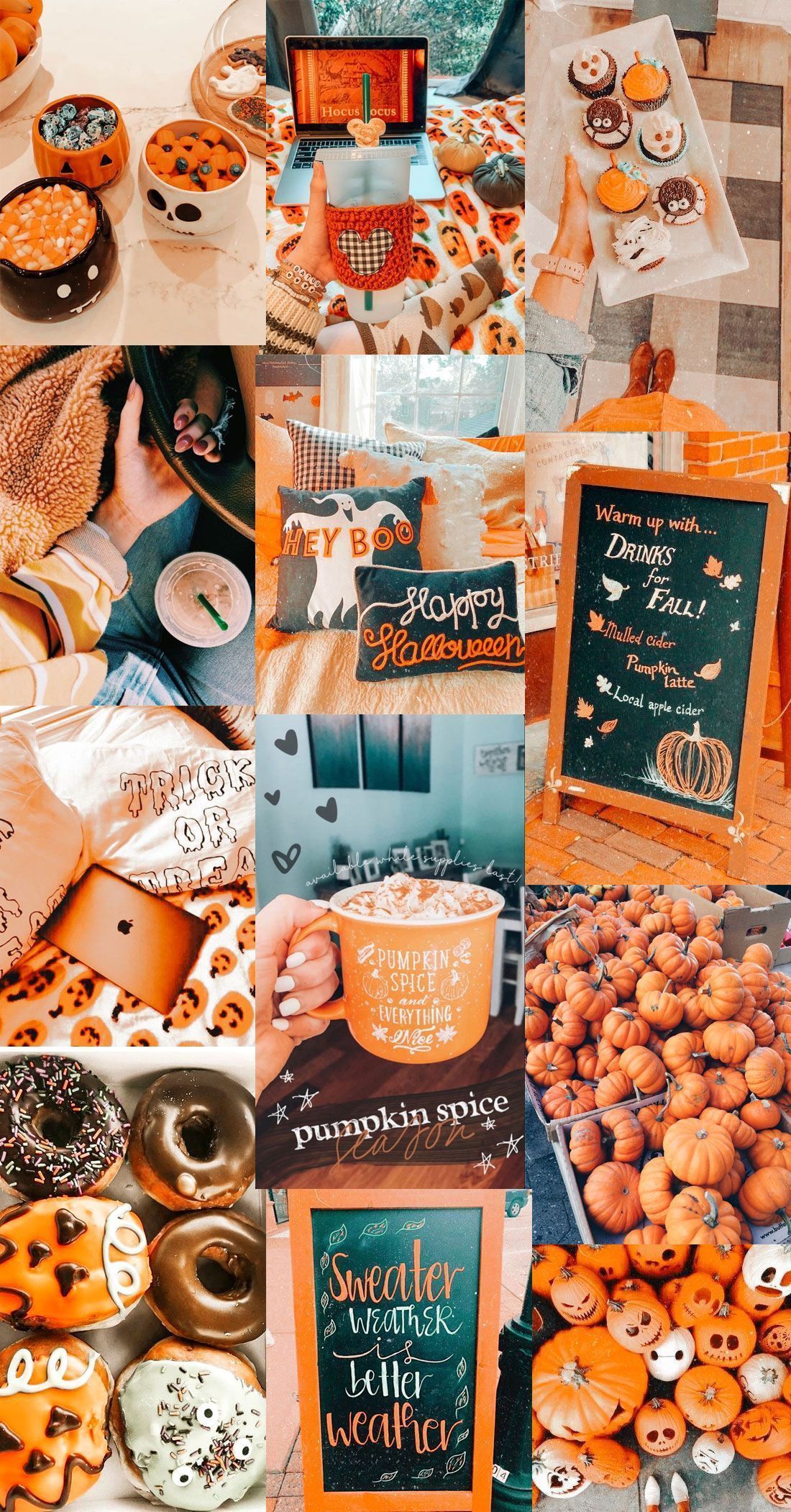 A collage of pumpkin spice themed photos including donuts, coffee, and other fall items. - October, fall, collage, cute fall, cozy, fall iPhone, pink collage
