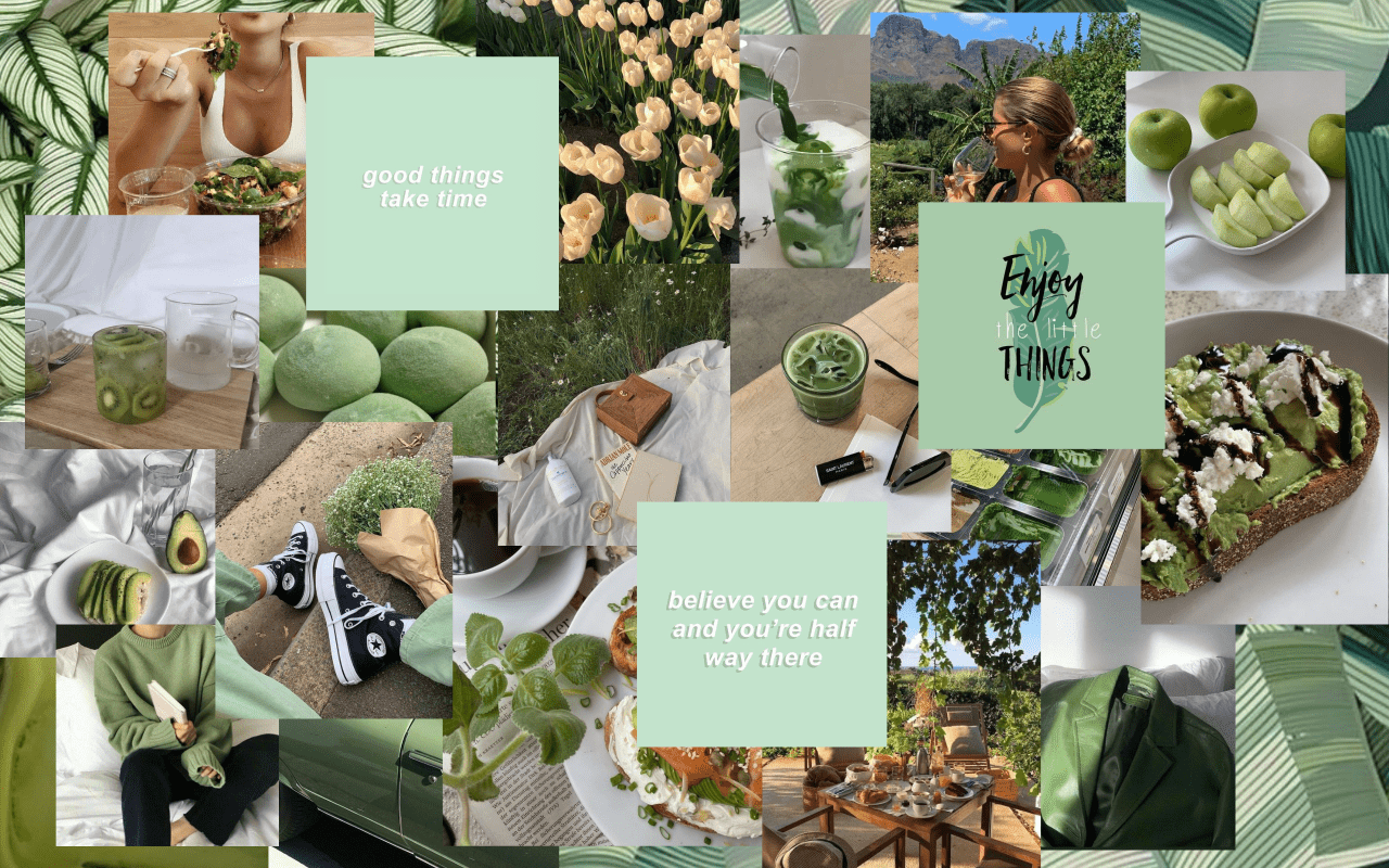 A collage of photos of green food, people, and scenery. - Soft green, avocado, green, light green