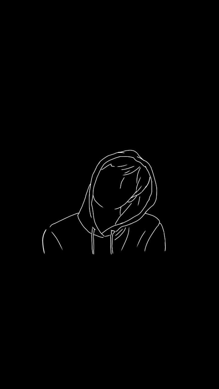 Line drawing of a person in a hoodie on a black background - Black