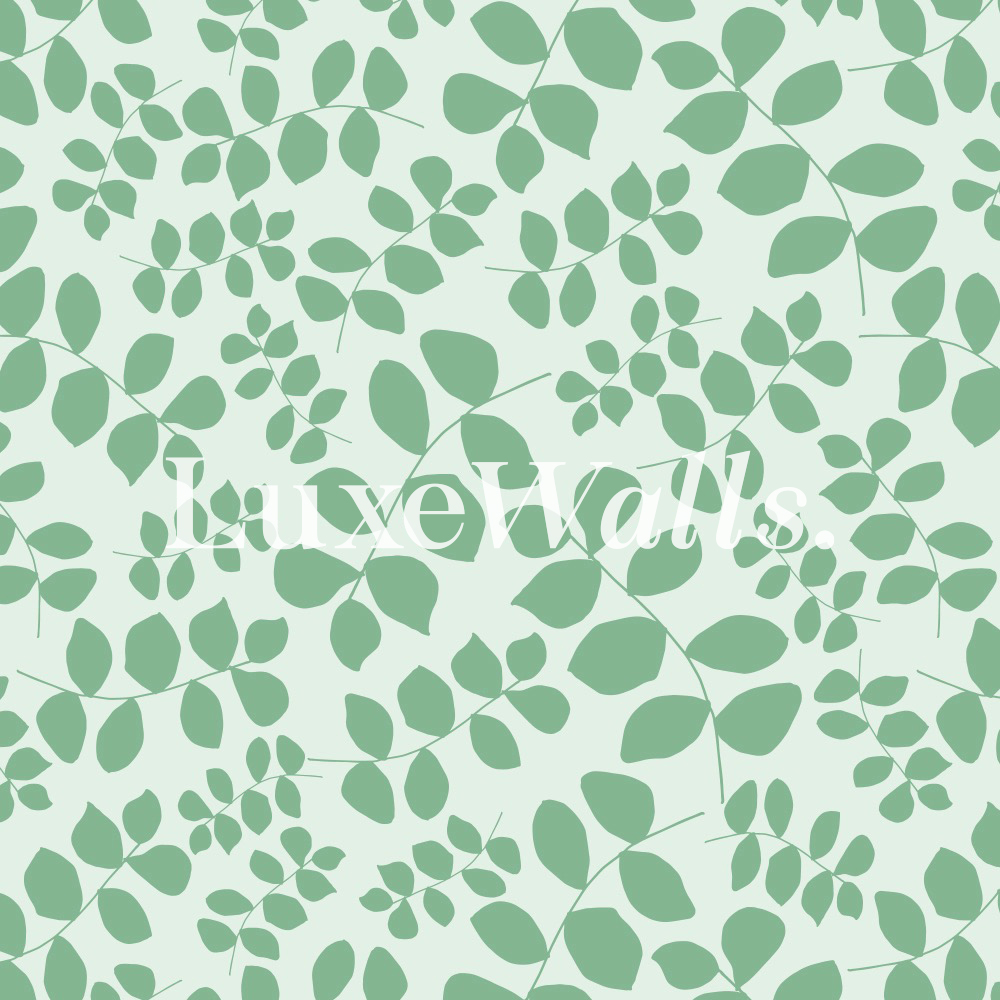 A seamless pattern of green leaves on a pale green background - Sage green