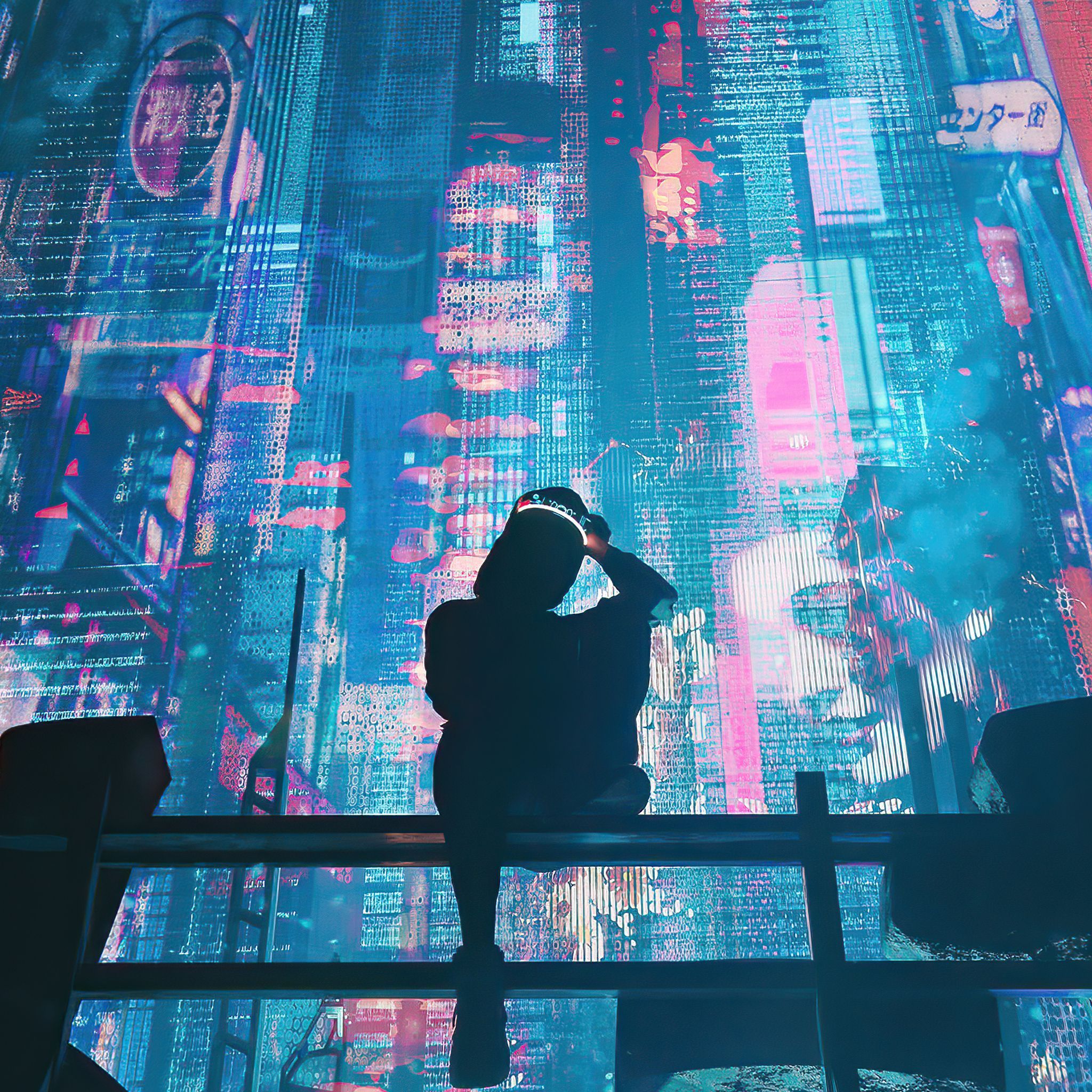 A person in a dark room with a VR headset on, looking out at a cyberpunk city. - Cyberpunk