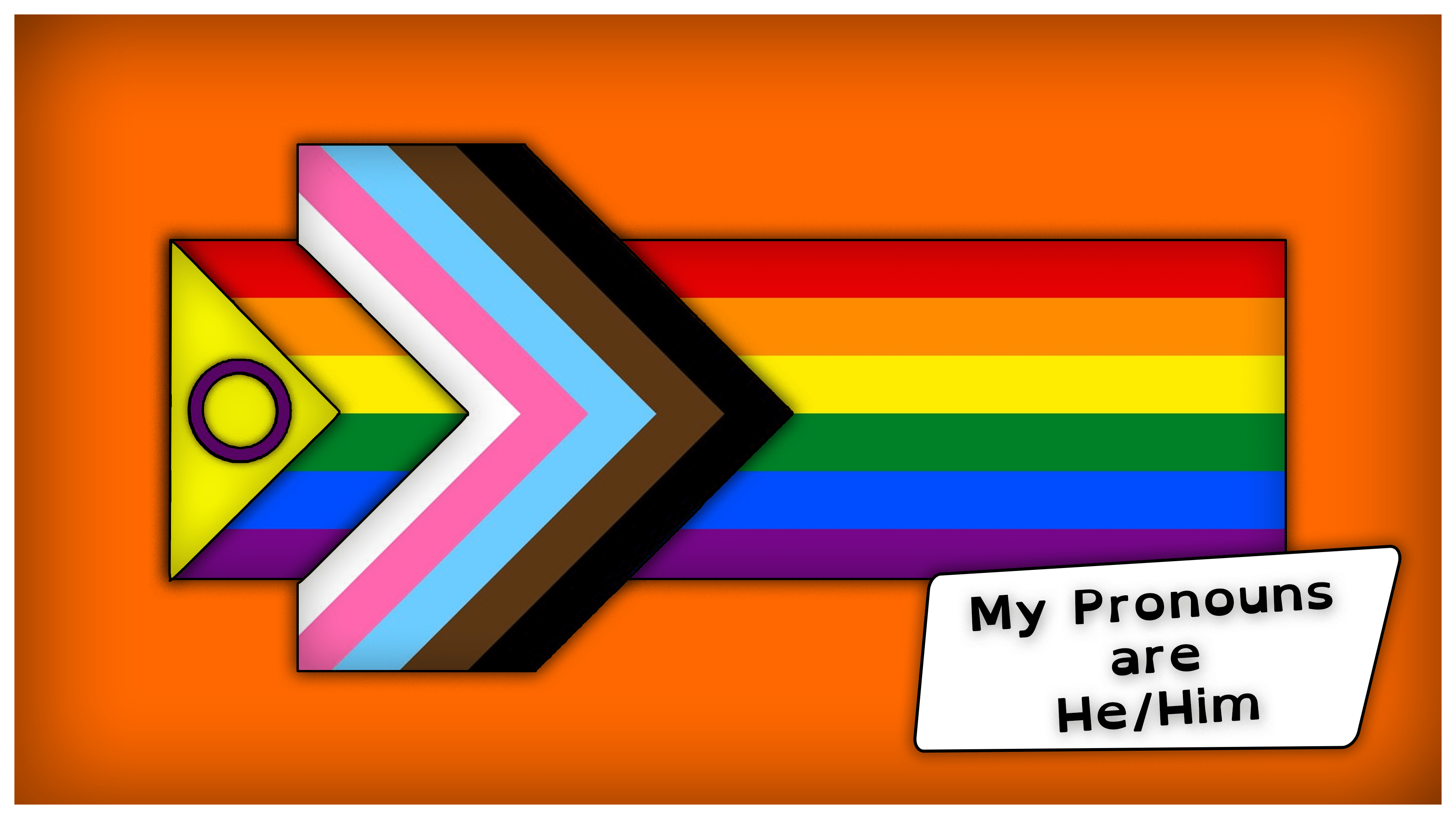 An orange background with a rainbow flag on it. The flag has an arrow symbolising progress and a note saying 