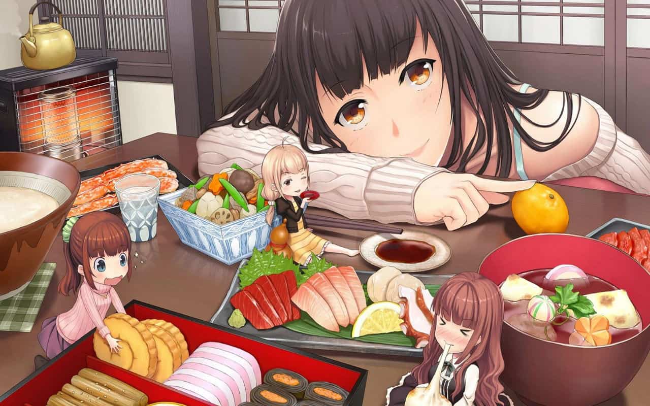 Anime girl in a room with food - Food