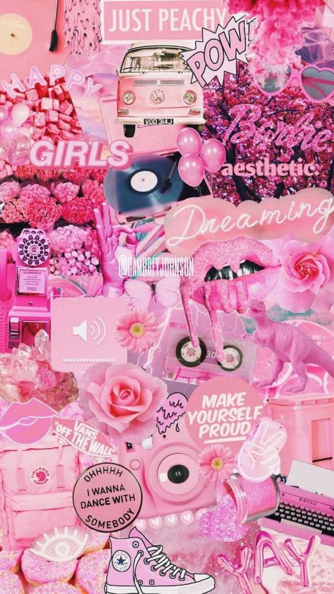 A collage of pink items with the words just peace love - Barbie, dance, pink collage, money