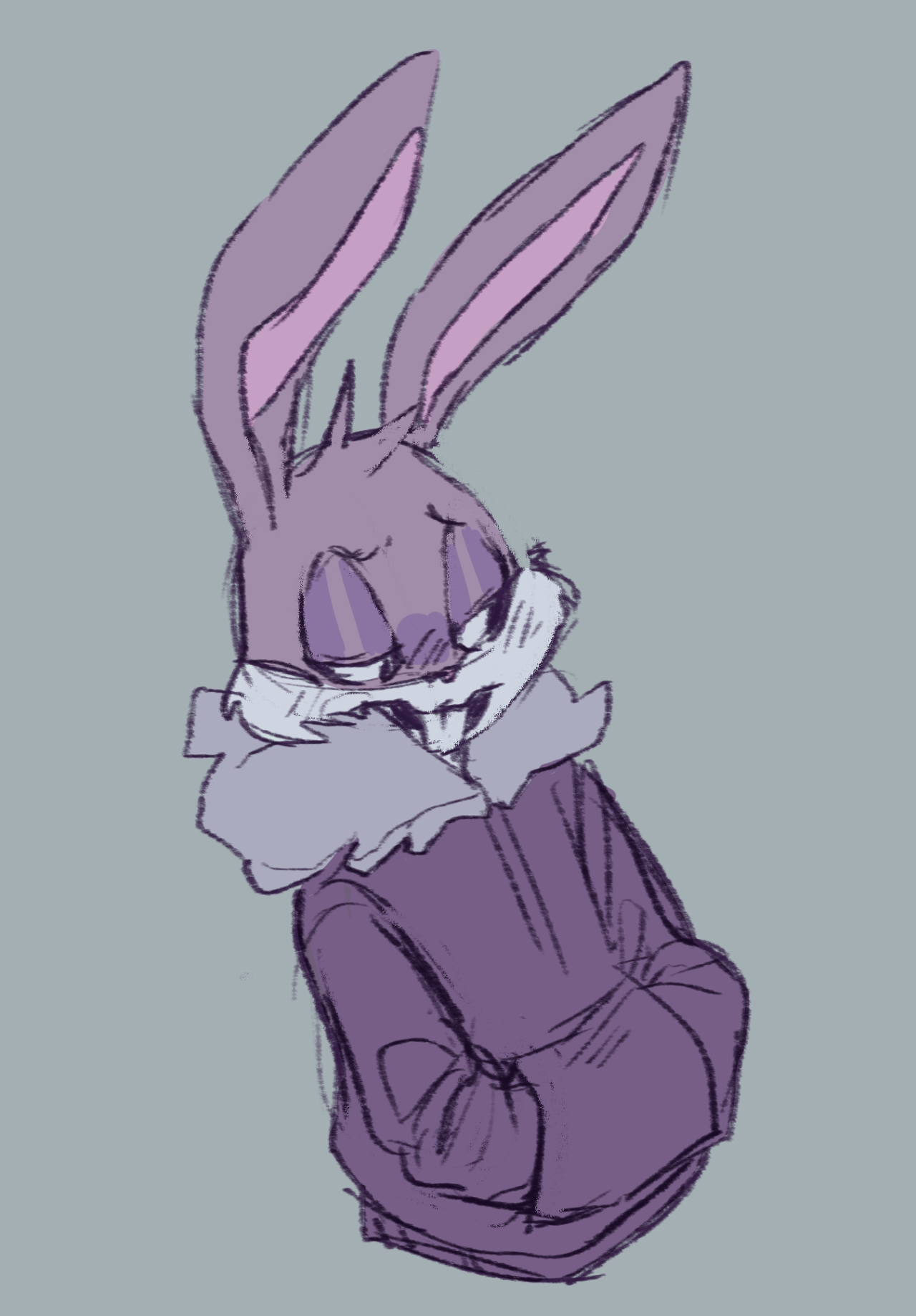 A drawing of an animated bunny with purple eyes - Bugs Bunny