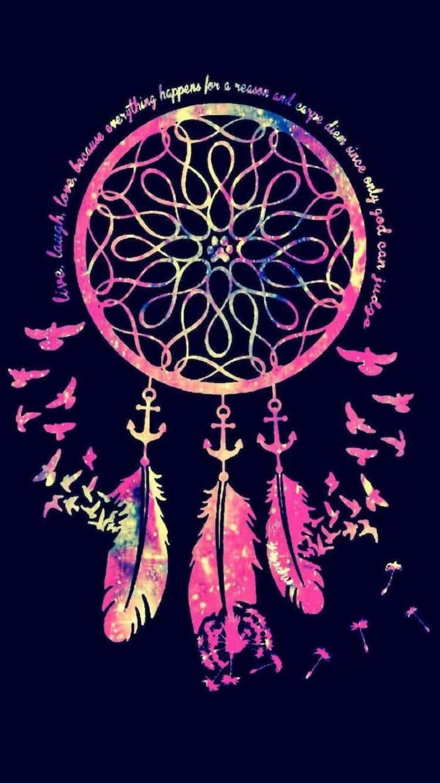 A dreamcatcher with colorful feathers and words - Colorful