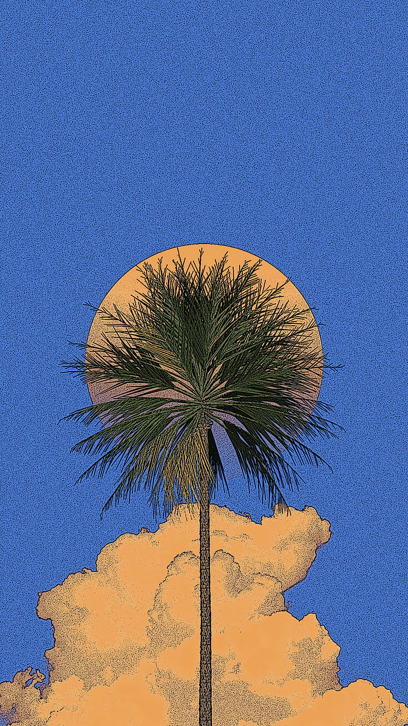Illustration of a palm tree with a sun and clouds in the background - Palm tree, Miami