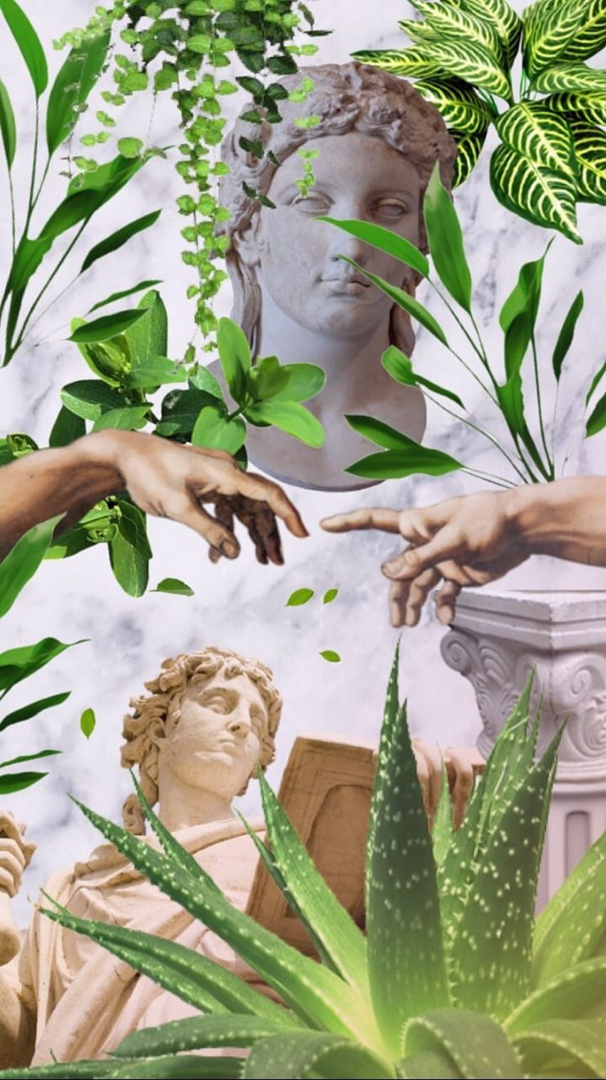 A collage of a marble statue and green plants - Plants